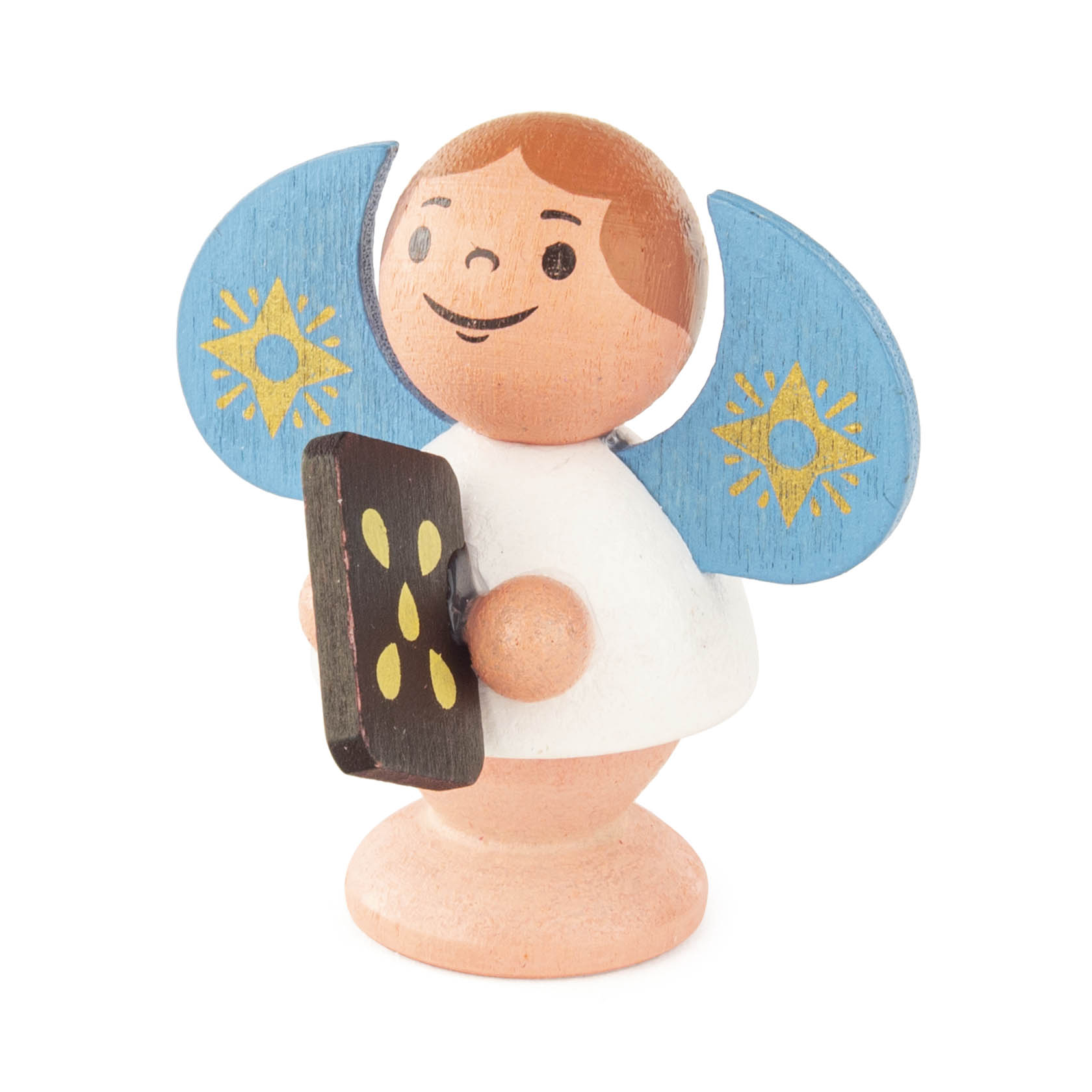 Ein lächelnder, bunter Holzengel mit blauen Flügeln hält einen Pfefferkuchen in den Händen. im Dregeno Online Shop günstig kaufen