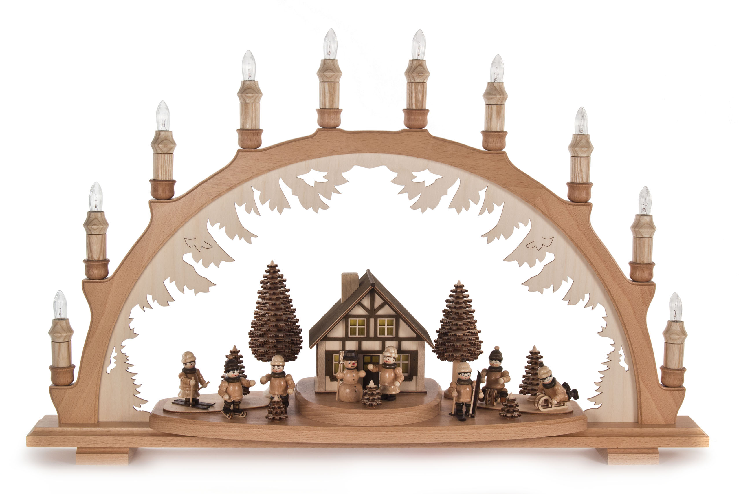 Schwibbogen mit Haus und Winterkindern, elektrisch beleuchtet, innenbeleuchtetes Gebäude