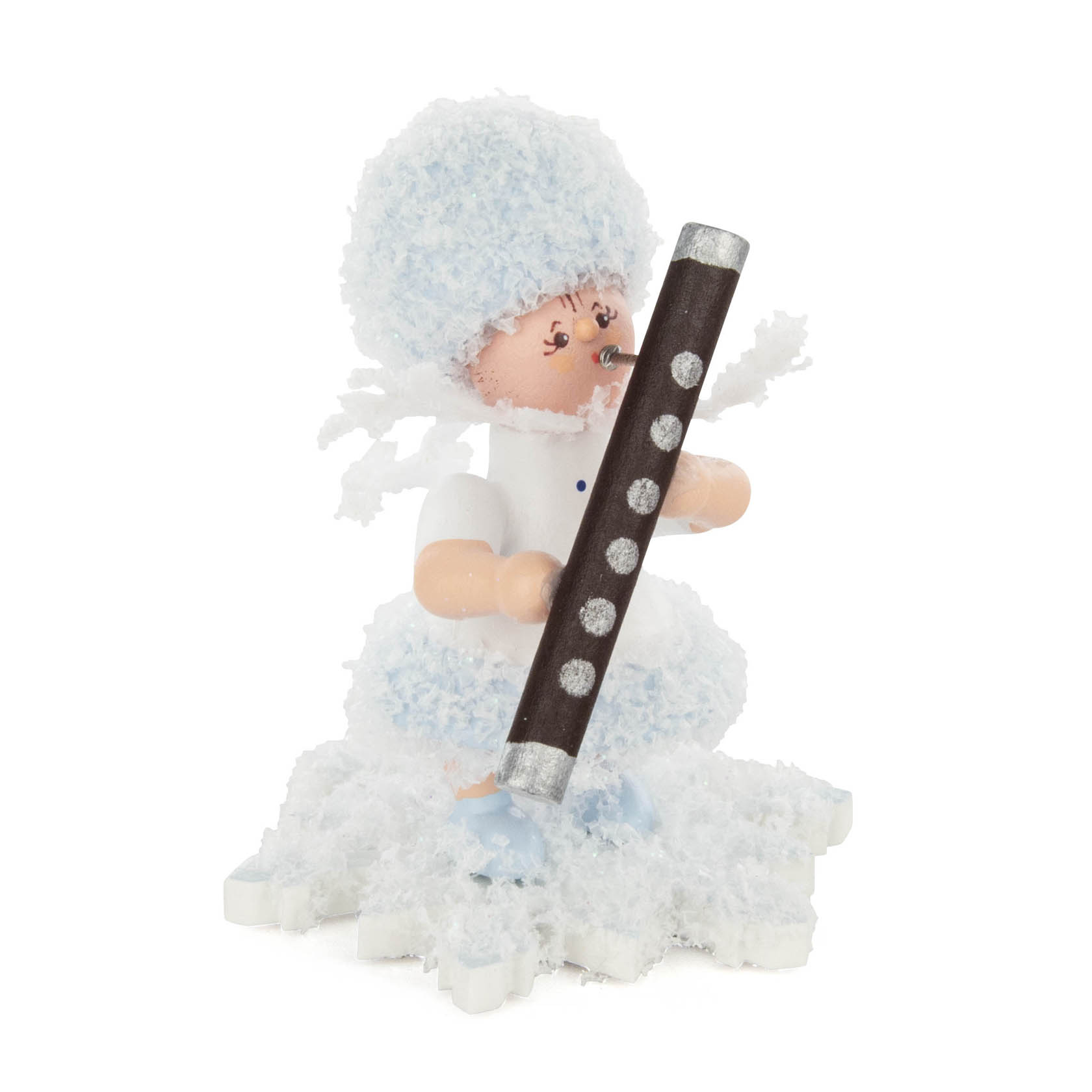 A figurine of a small character with light blue fluffy hair and outfit, sitting on a snowflake, holding a bassoon. im Dregeno Online Shop günstig kaufen
