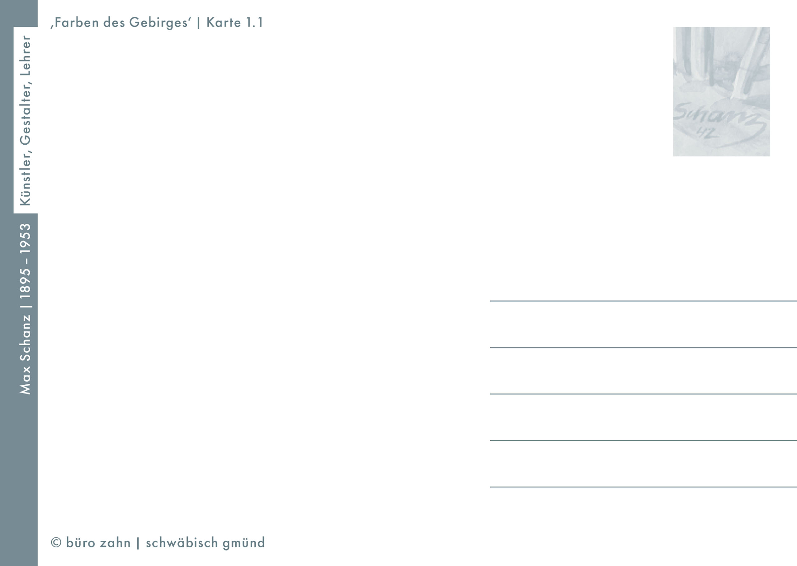 Art postcard titled 'Mettengang' by Max Schanz featuring a minimalist mountain landscape design.