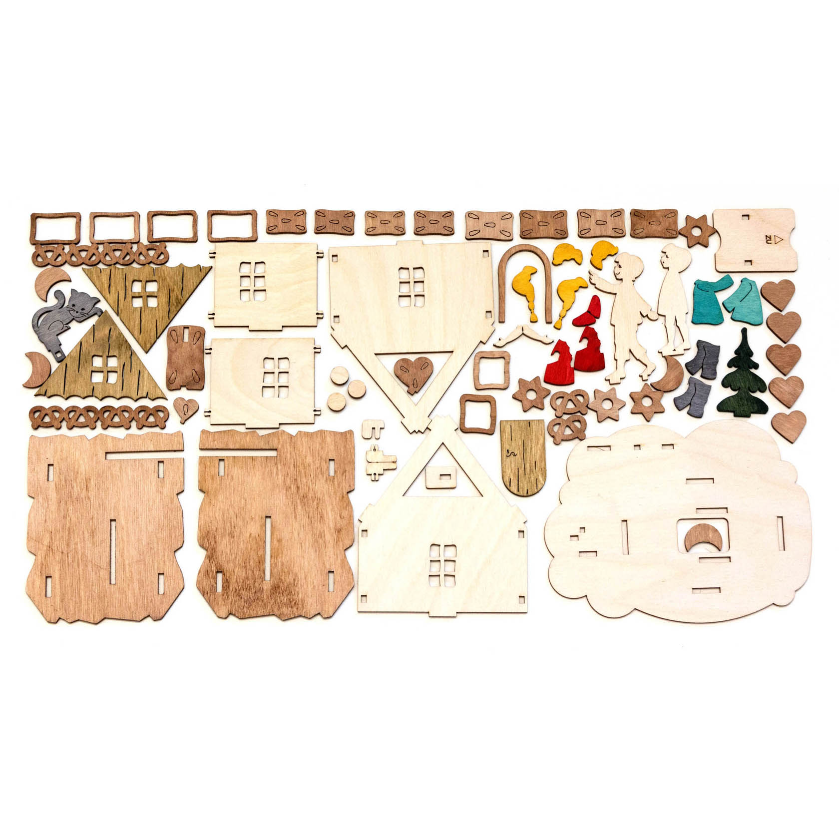 Holzbauteile eines Bastelsets für eine Spardose im Hänsel und Gretel Design, inklusive Figuren der Märchenfiguren und dekorative Elemente wie Bäume und Herzen.
