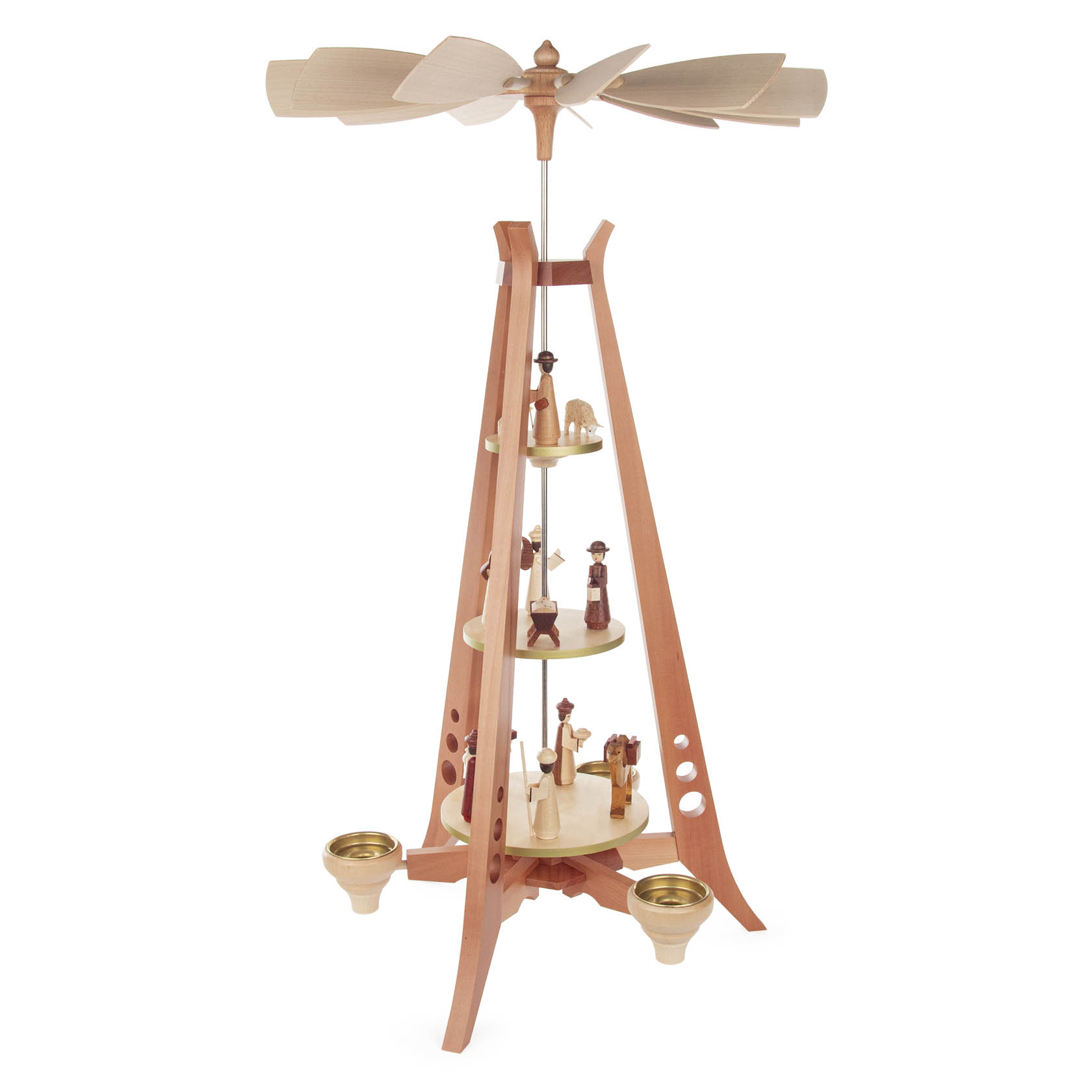 Three-tiered, mid-century modern style Christmas pyramid with natural wood finish, featuring candle holders for 14mm candles and tealights.