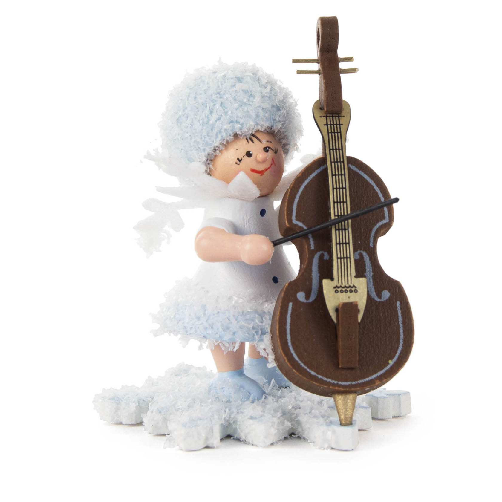 Kleines Schneeflockenkind mit weißem Kostüm und Mütze hält einen Kontrabass. Das Kind steht auf dekorativen Schneeflocken. im Dregeno Online Shop günstig kaufen