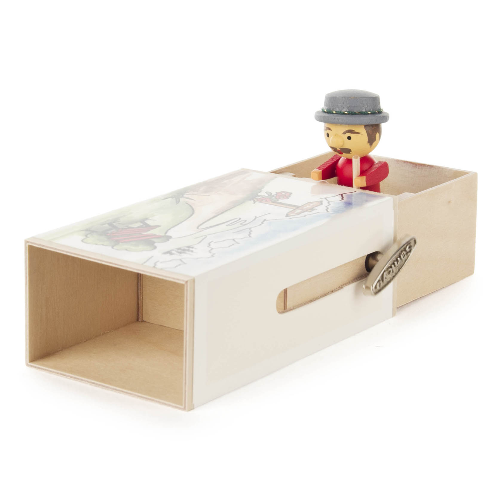 A wooden sliding music box with a hiker figure wearing a hat and red jacket, depicted as if emerging from the box.