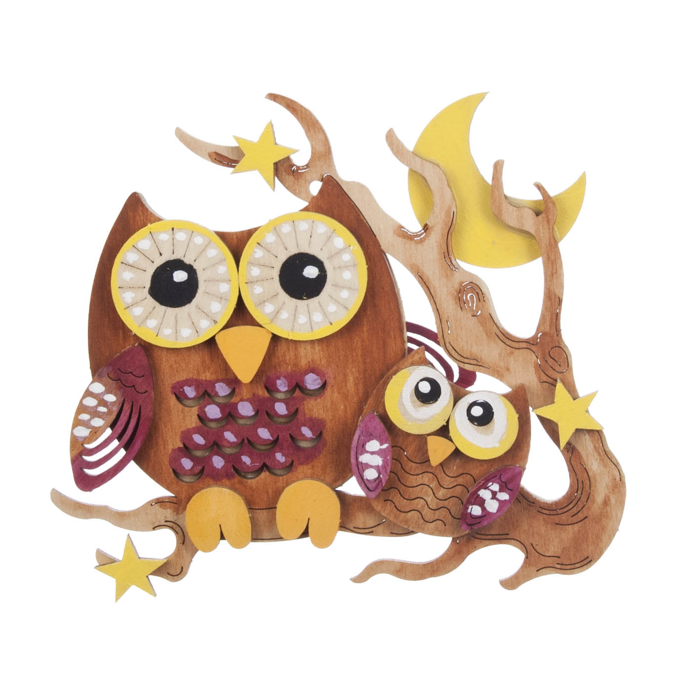 Craft kit of a window picture featuring two wooden owls perched on a stylized tree branch with stars and a crescent moon. im Dregeno Online Shop günstig kaufen