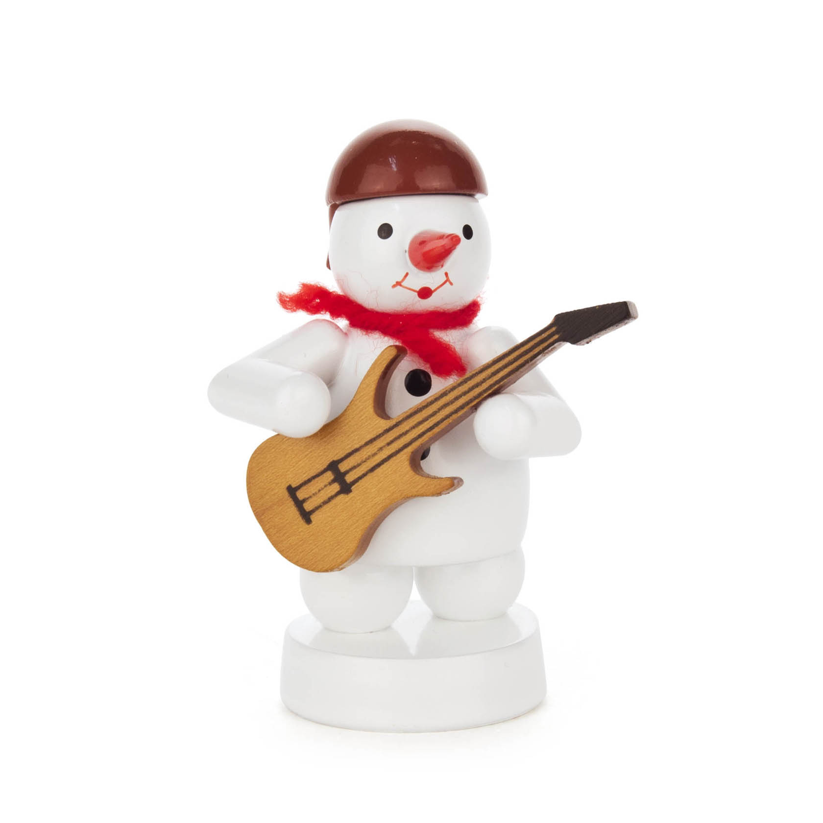 A snowman figurine with a red scarf and brown hat playing a wooden electric guitar. im Dregeno Online Shop günstig kaufen