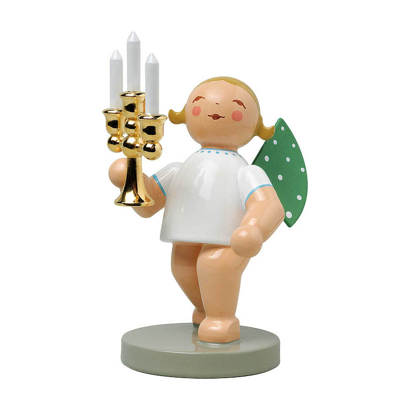 Wooden angel figurine holding a golden candelabrum with three white candles, featuring green polka-dotted wings and a white dress. im Dregeno Online Shop günstig kaufen