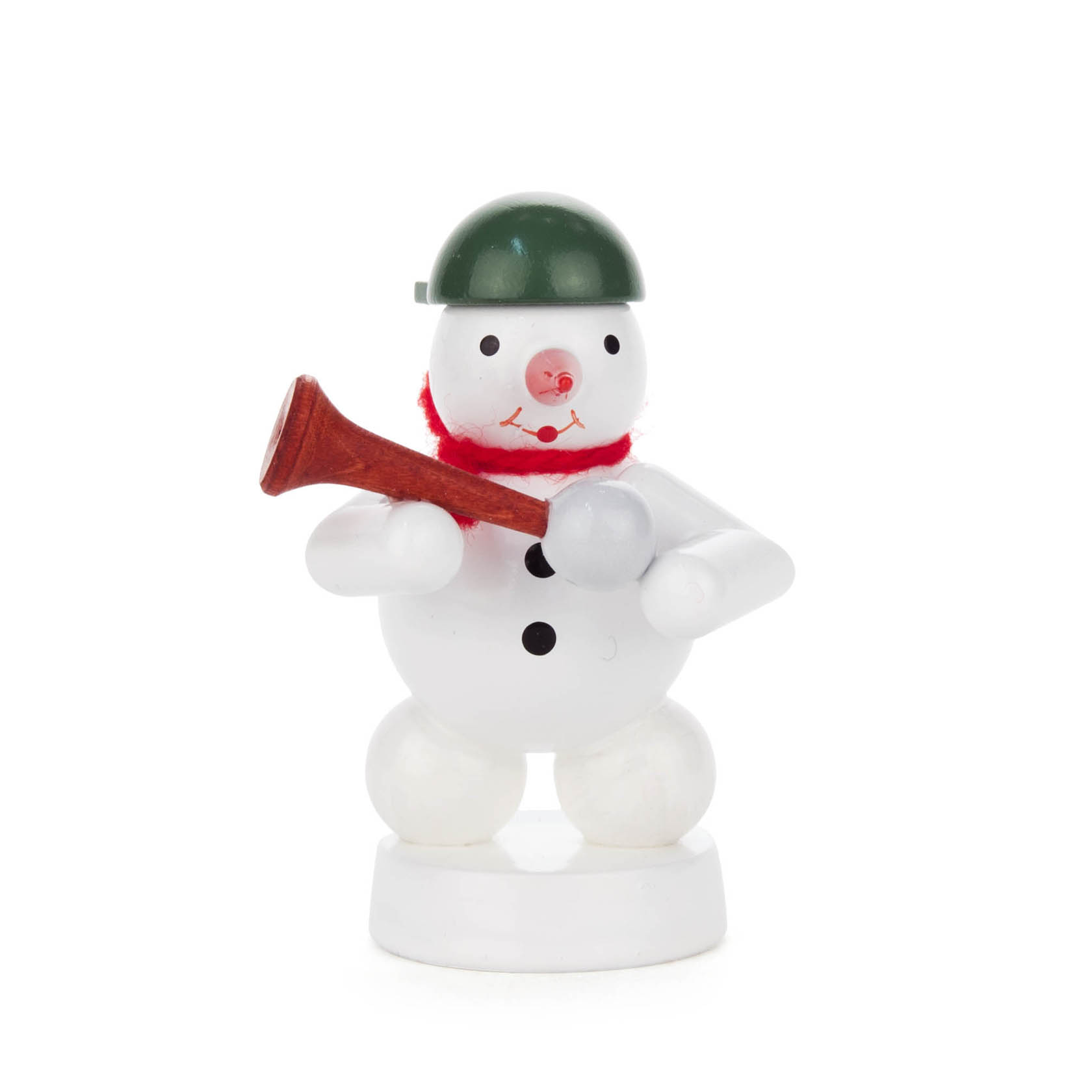 A snowman figure with a green hat and a red horn. It has black buttons and is wearing a red scarf. im Dregeno Online Shop günstig kaufen