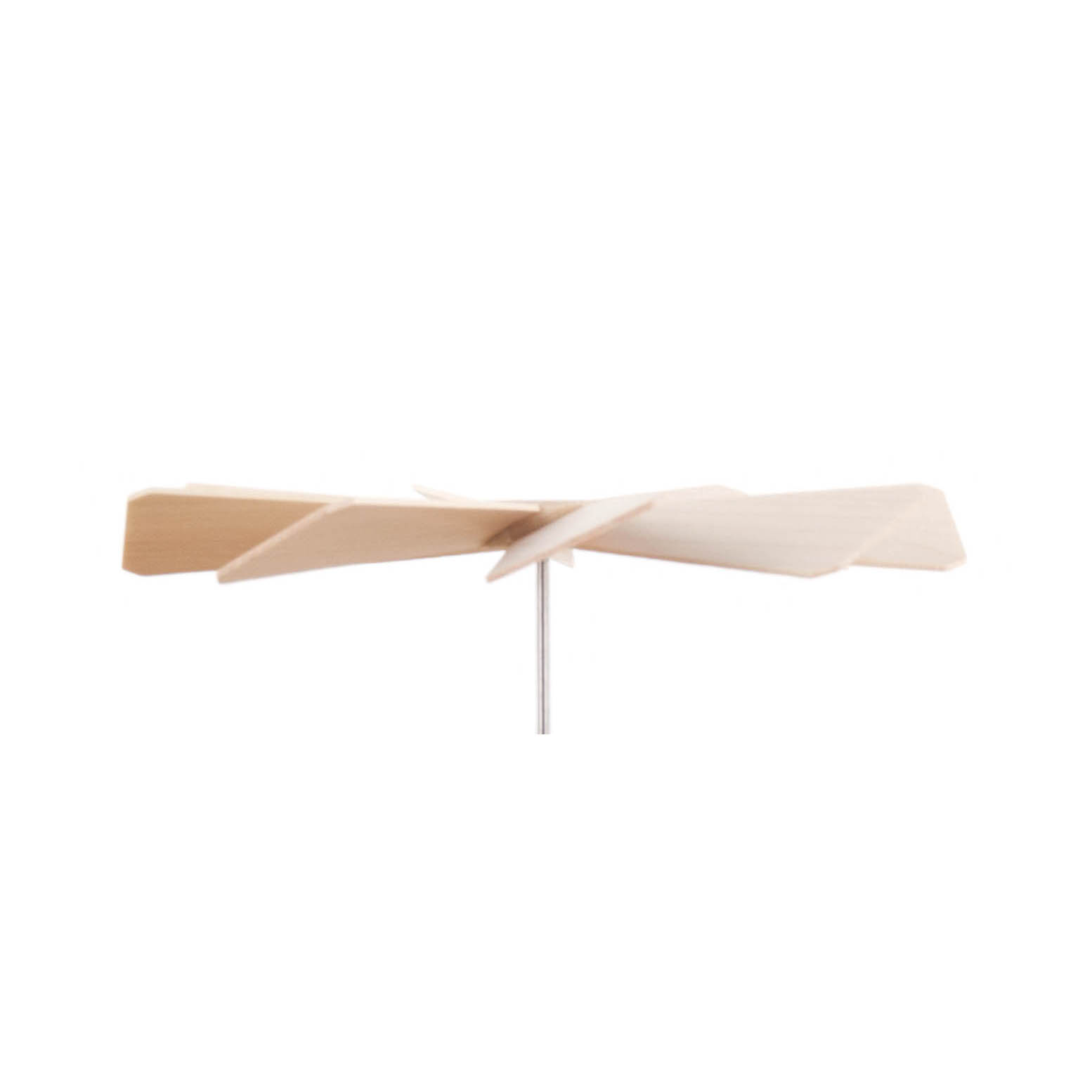 A simple wooden propeller attached to a thin metal rod, typically used as a decoration or toy.