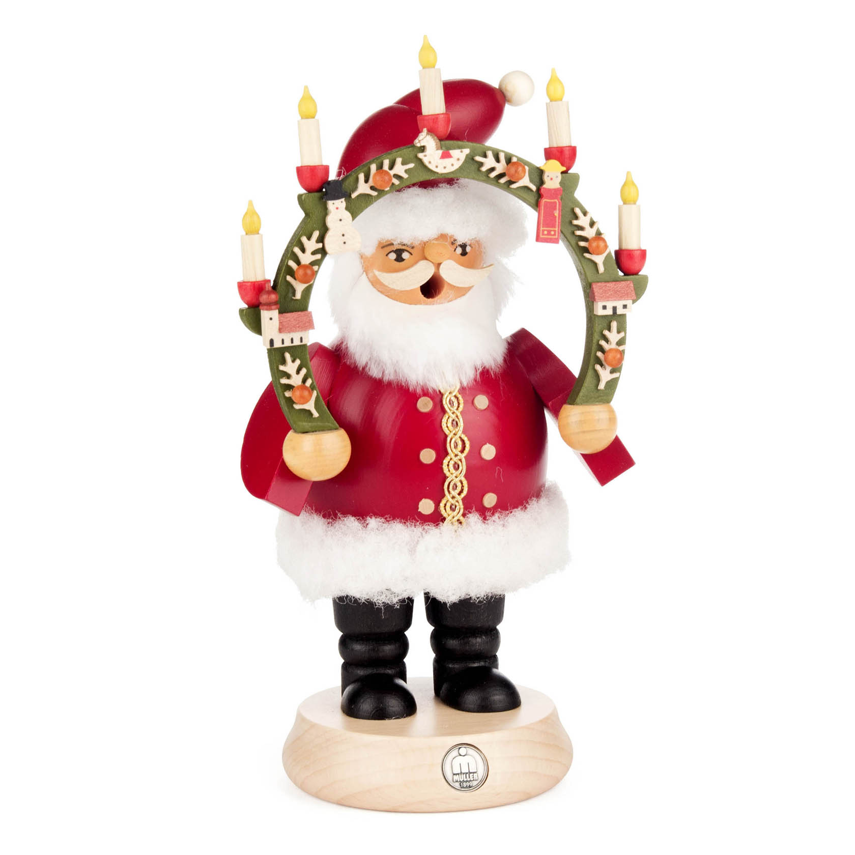A traditional wooden incense smoker figure of Santa Claus wearing a red outfit, holding a candle arch with green and red decorations and yellow candles. im Dregeno Online Shop günstig kaufen