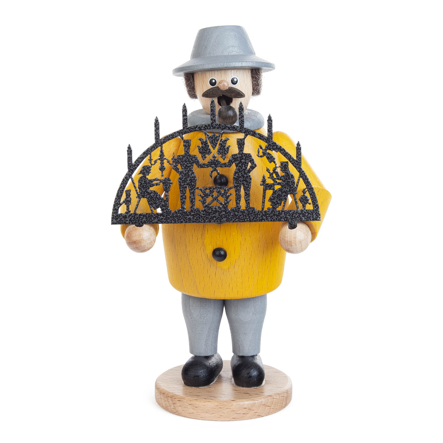 A wooden incense smoker figure dressed in a yellow coat and gray hat, holding a decorative black arched candle holder. im Dregeno Online Shop günstig kaufen
