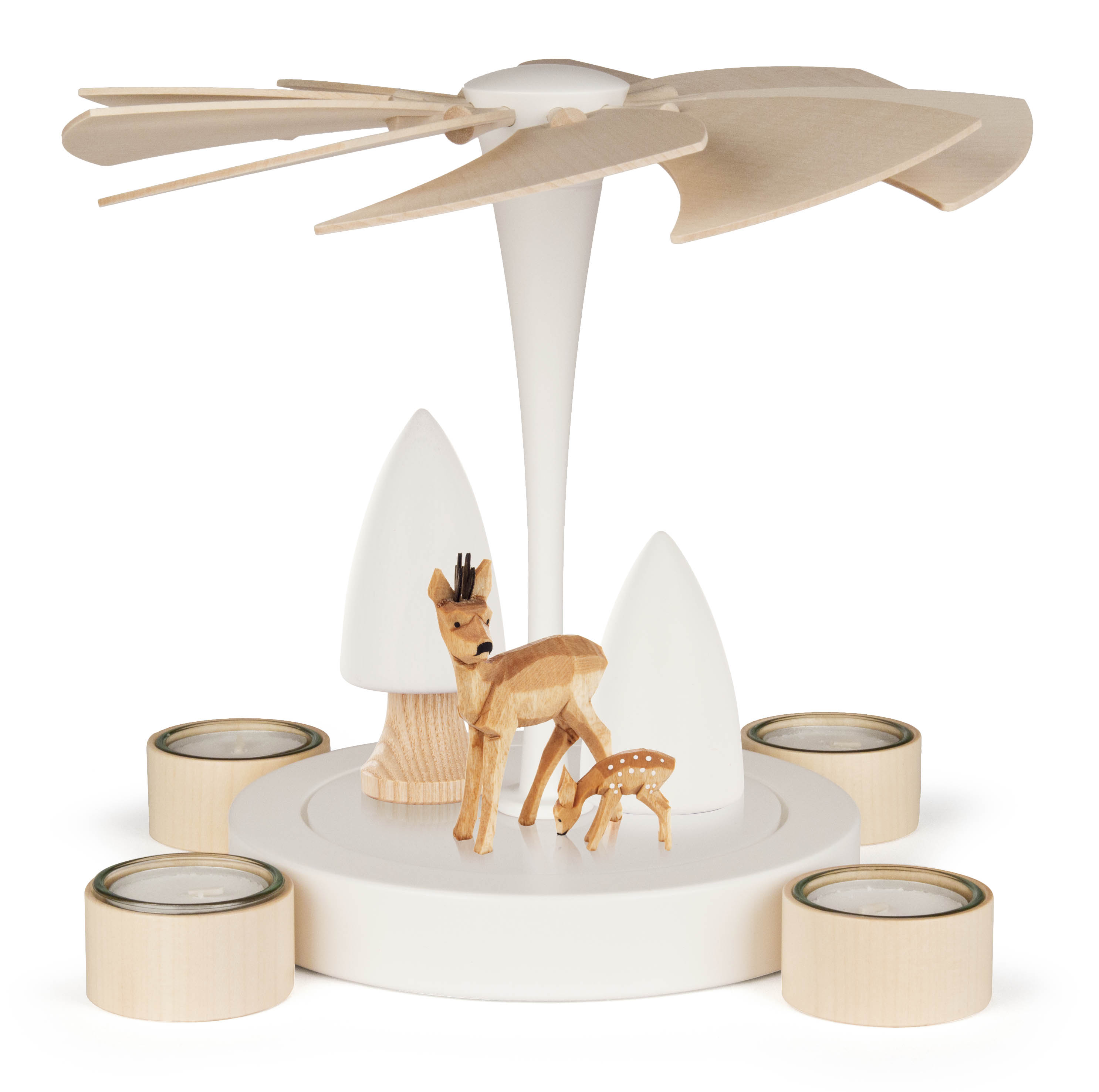 A white and natural wood tea light pyramid featuring a deer and fawn figurine surrounded by four candle holders.