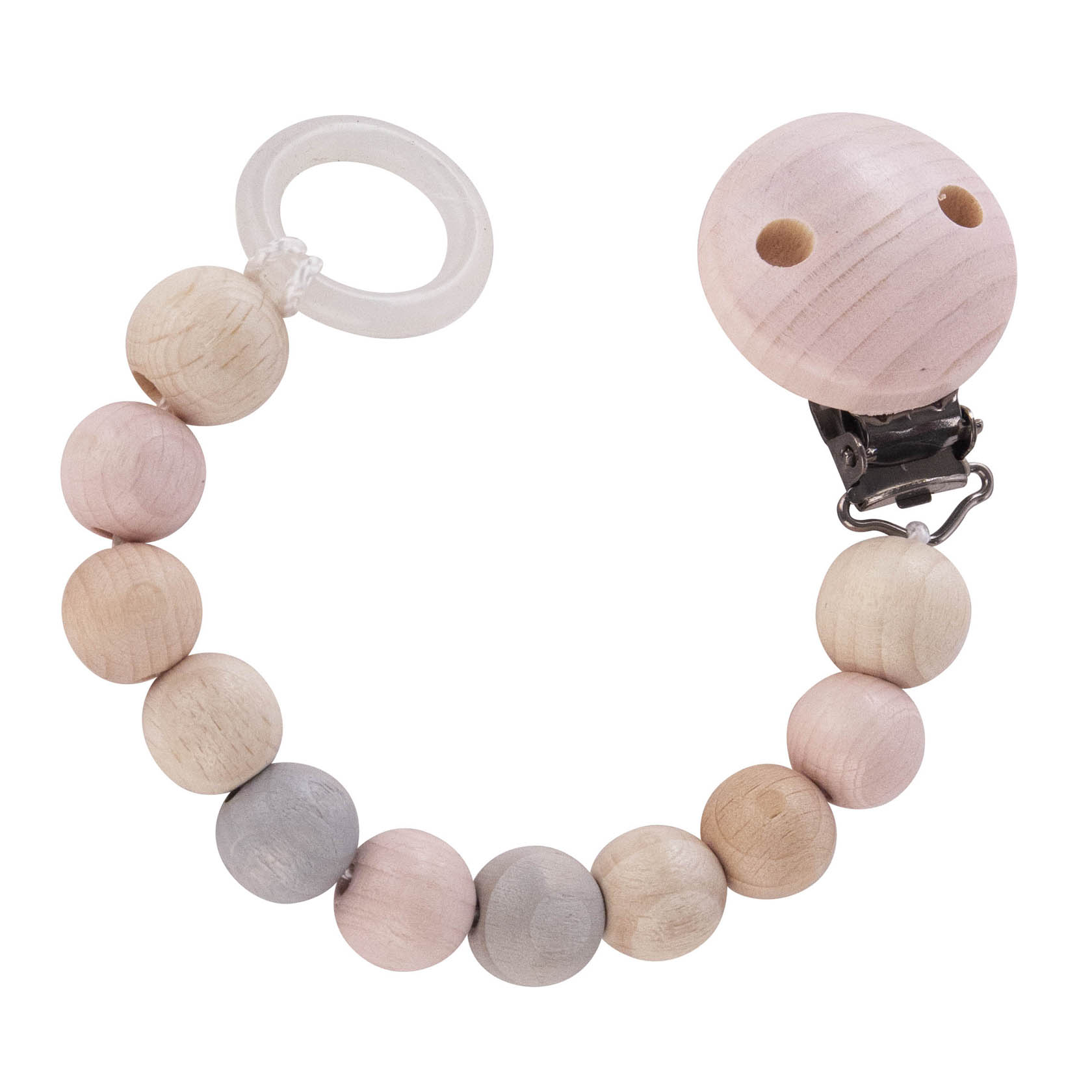 A pacifier chain featuring natural and pink wooden beads, with a round wooden clip at one end and a silicone ring at the other. im Dregeno Online Shop günstig kaufen