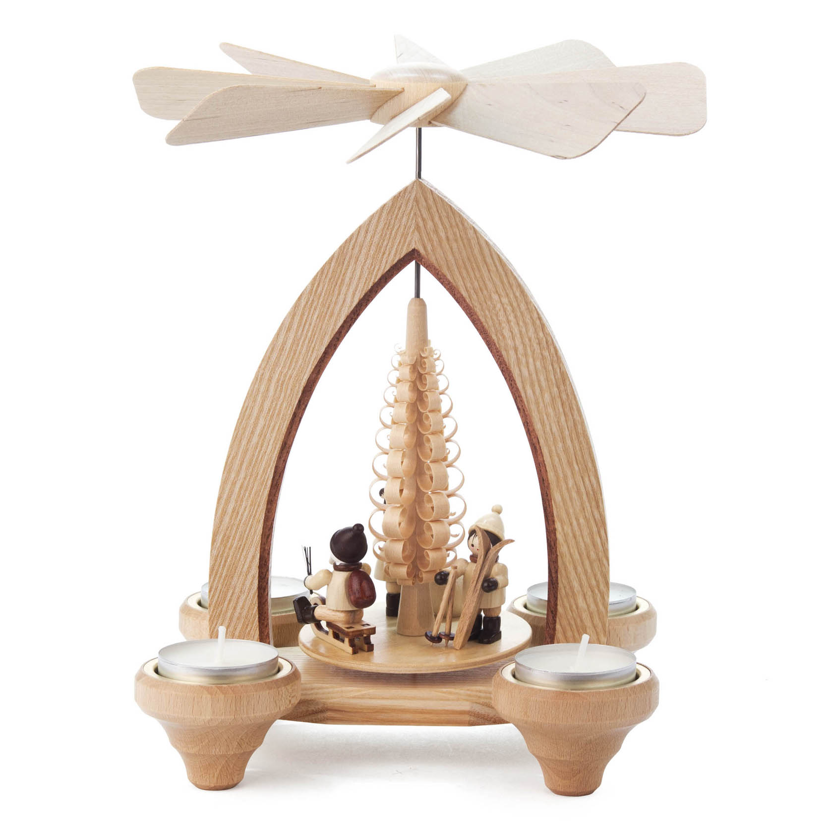 Pyramide mit Weihnachtsmann und Winterkindern, für Teelichte