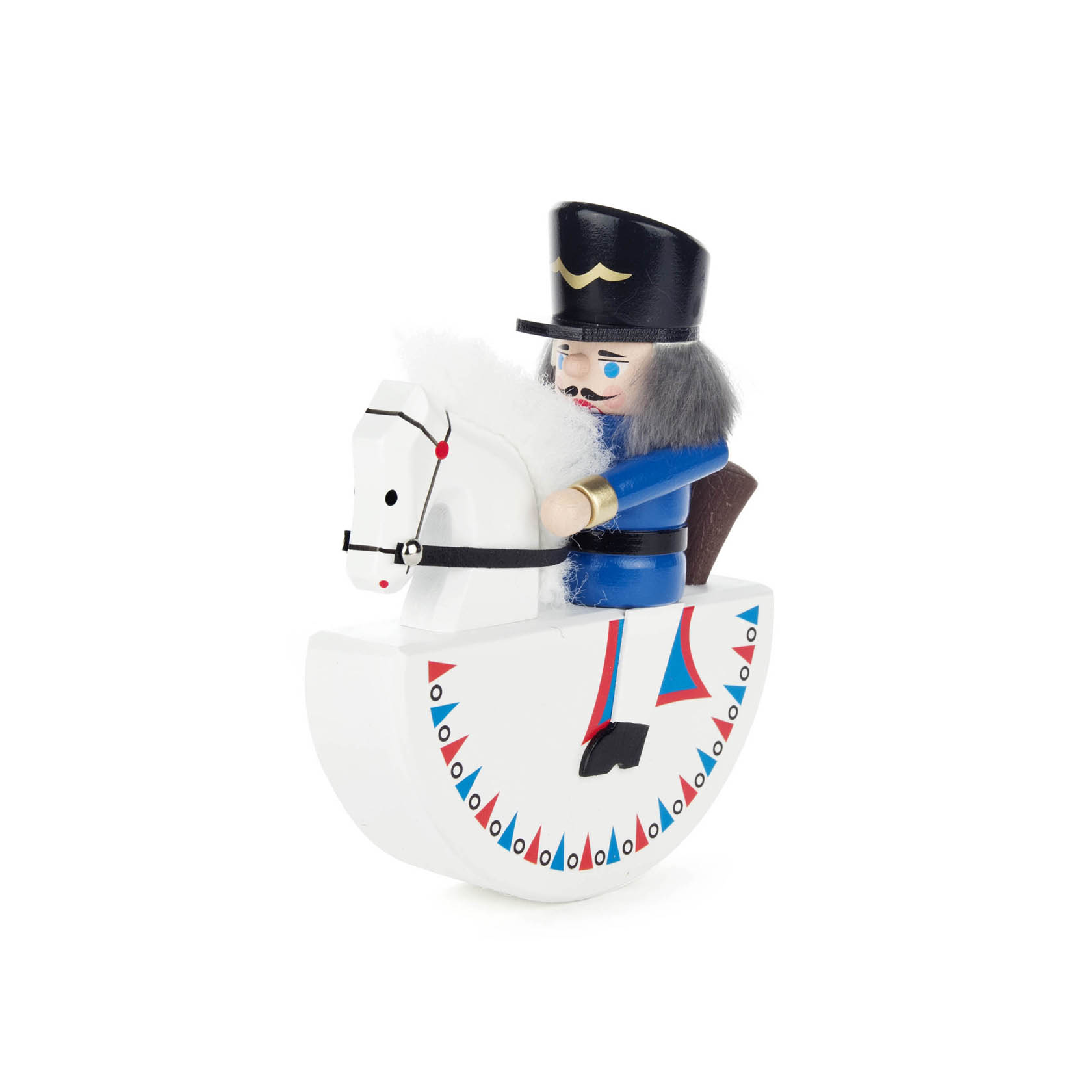 A 15 cm tall blue hussar figurine on a white rocking horse, with a tall black hat and grey hair, featuring red and blue decorative details.