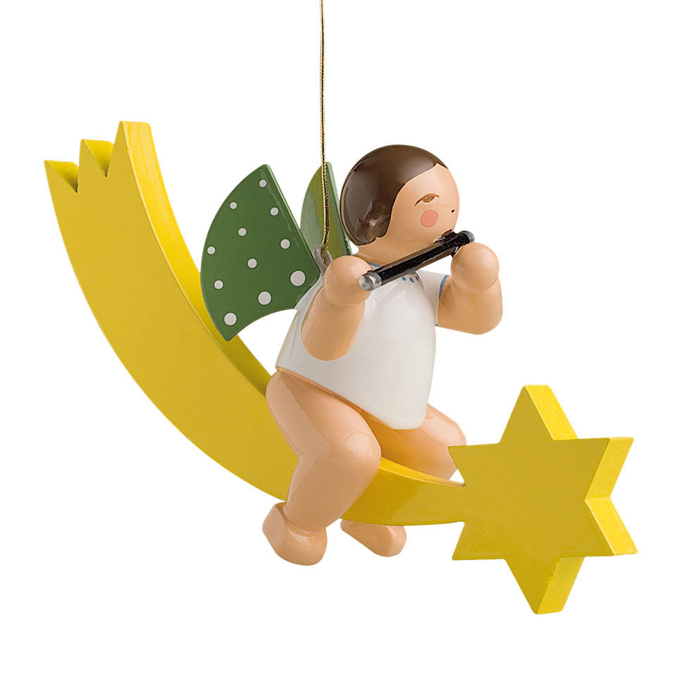 Ein Engel mit grünen Flügeln spielt eine Querflöte, während er auf einem gelben Schweif eines Kometen sitzt. im Dregeno Online Shop günstig kaufen