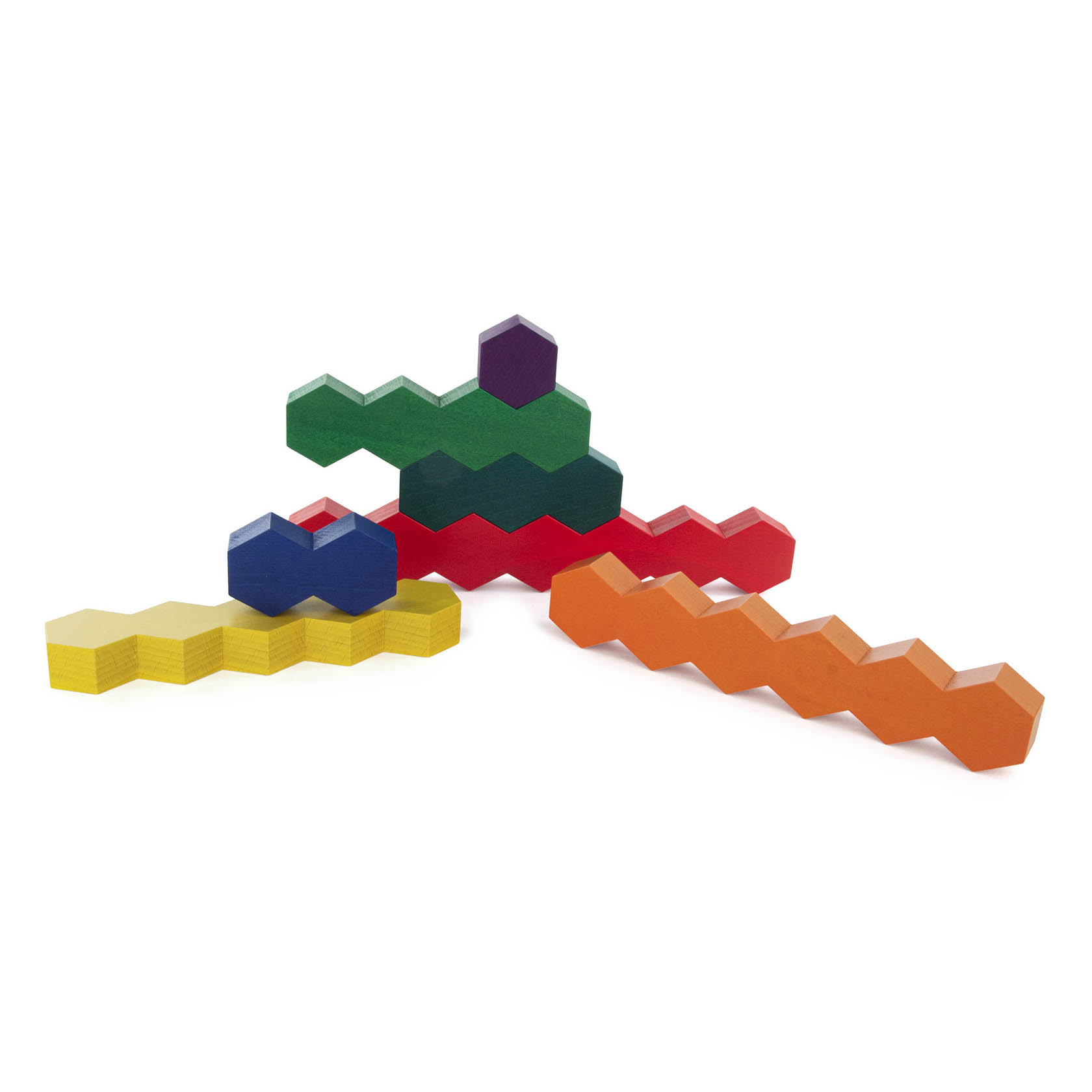 Bunte Holzsteine in sechseckiger Form, die wie ein Honigwabenmuster gestaltet sind, in verschiedenen Farben angeordnet: gelb, blau, grün, rot und orange.