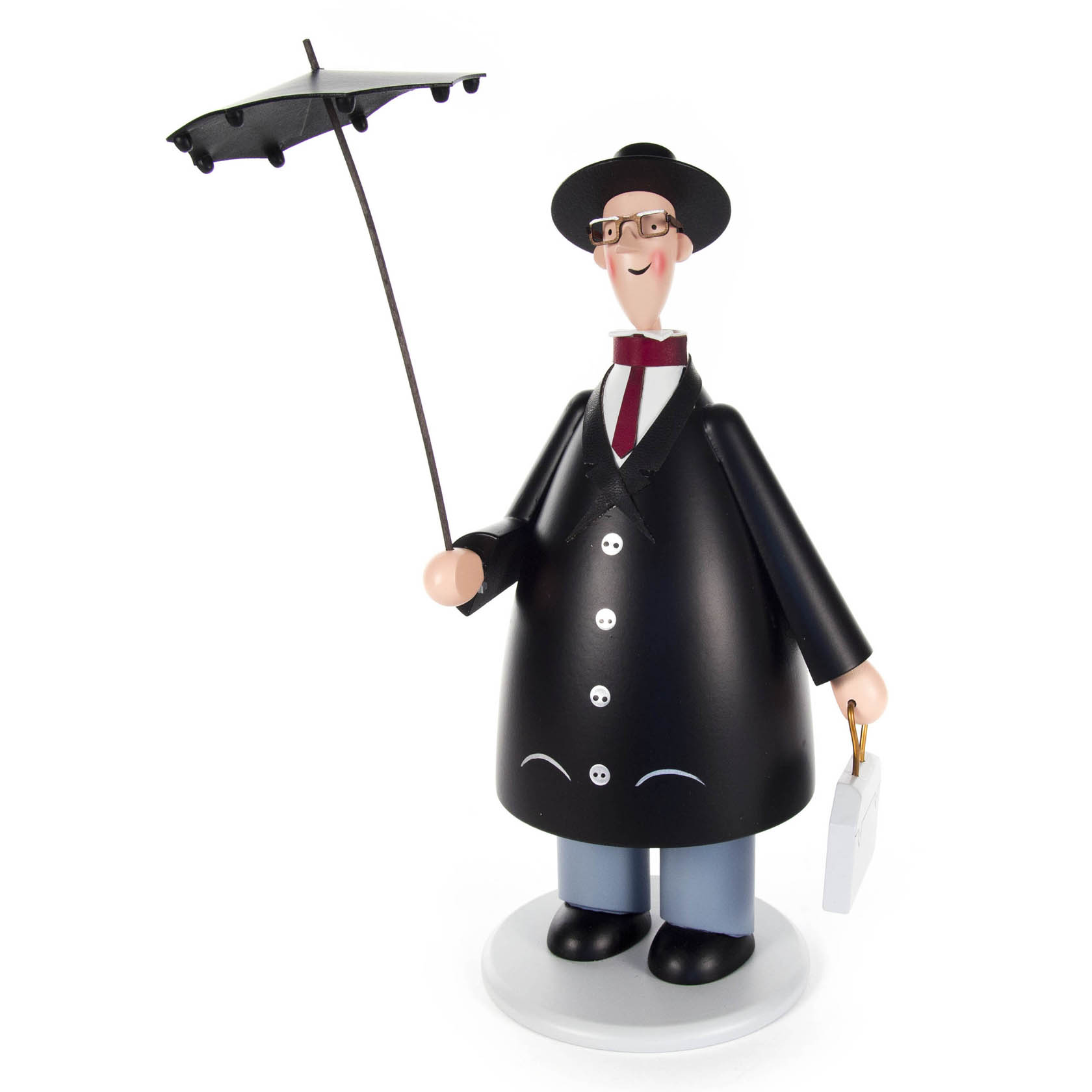 Wooden incense smoker figurine of an accountant wearing a black hat, glasses, and a long black coat, holding an umbrella and a briefcase. im Dregeno Online Shop günstig kaufen