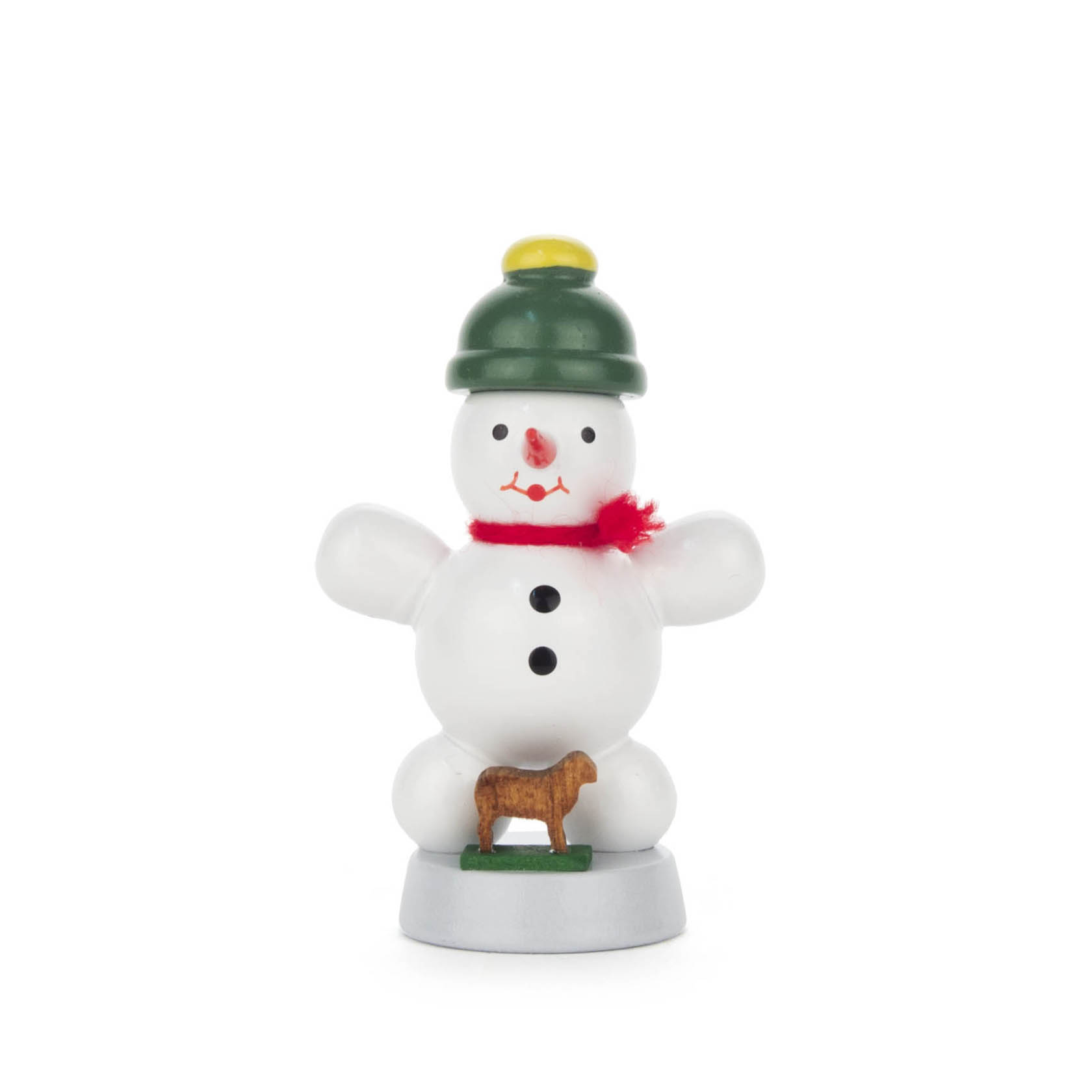 Kleiner Schneemann mit grünem Hut und rotem Schal, steht auf grauer Basis mit einer kleinen braunen Kuhfigur davor. im Dregeno Online Shop günstig kaufen