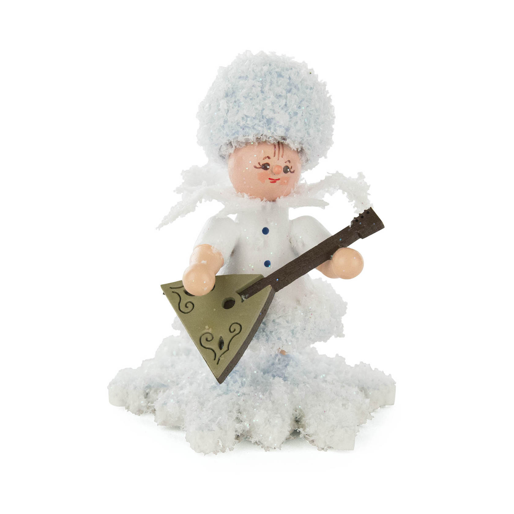A small figurine of a character dressed in fluffy white clothing, resembling snow, playing a small balalaika. im Dregeno Online Shop günstig kaufen