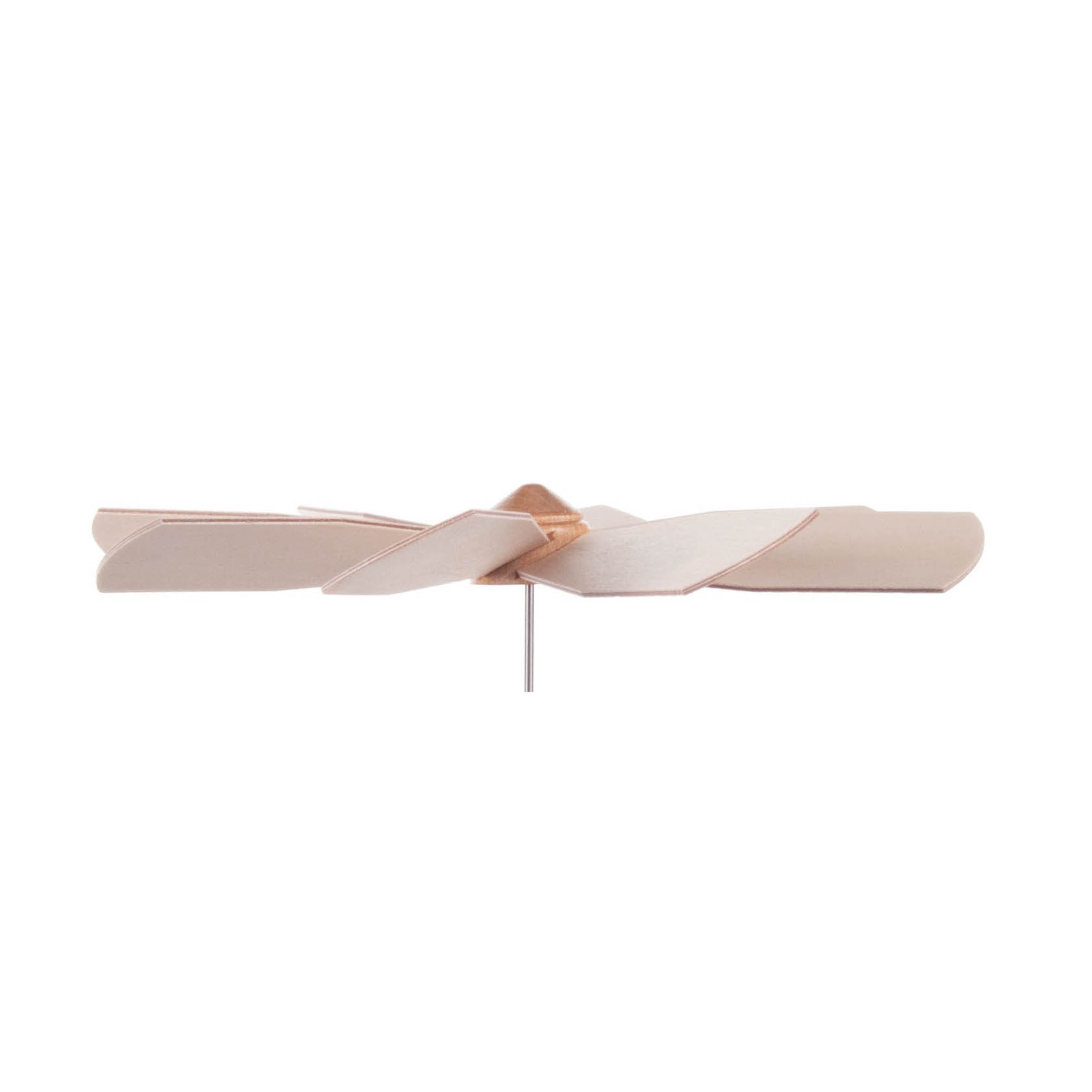 A beige aerodynamic rotor blade with a metallic pin protruding at the bottom, designed for wind turbines or ventilation systems.