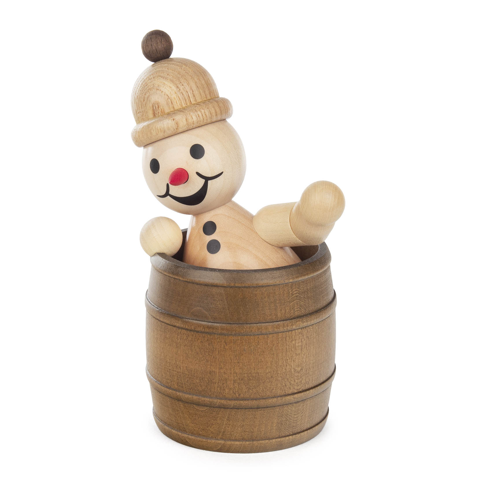 Holzfigur eines Schneemanns mit brauner Mütze und Kugeln als Hände, die aus einem Holzfass herausragt. Der Schneemann hat ein lächelndes Gesicht. im Dregeno Online Shop günstig kaufen
