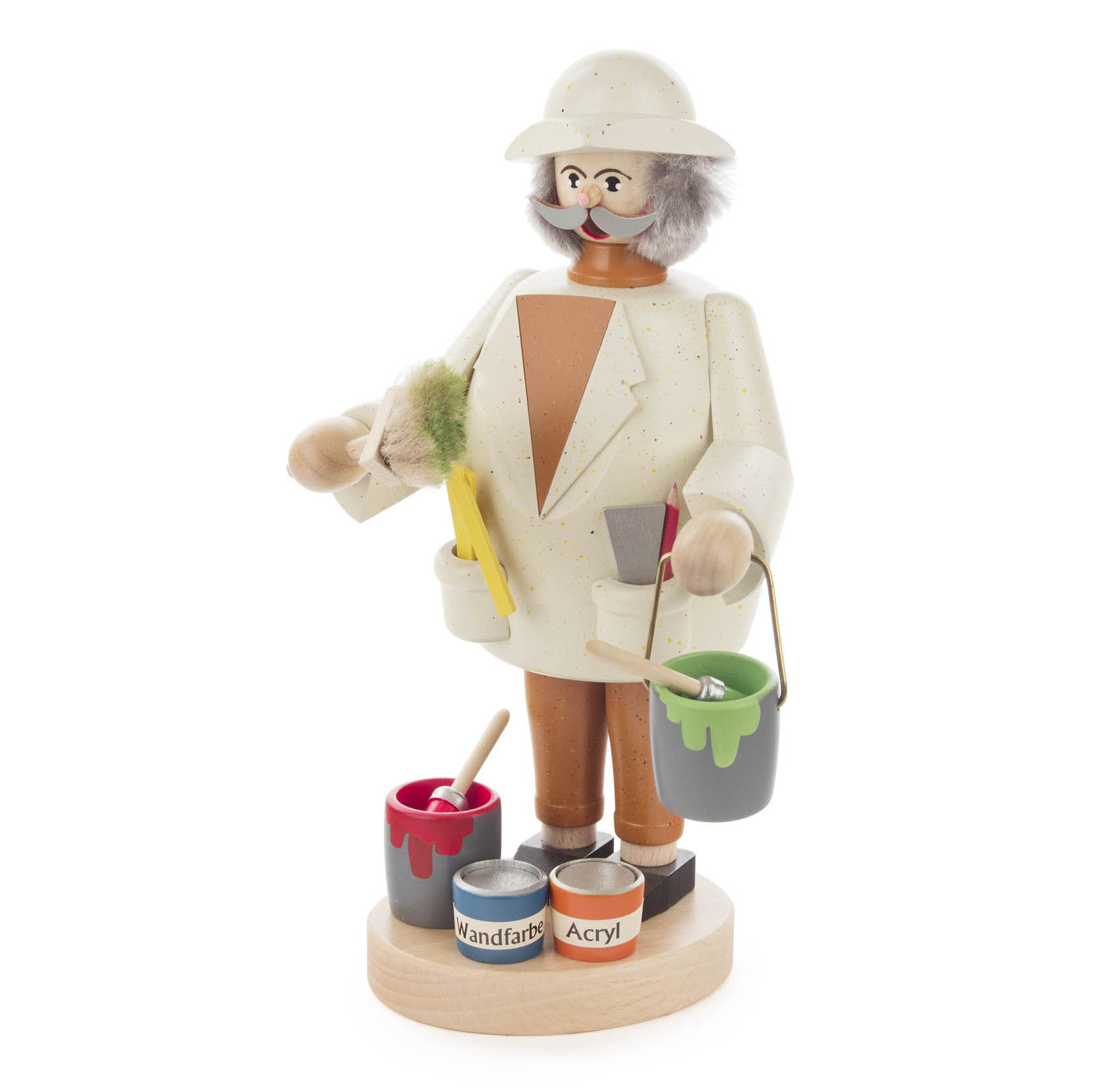 Wooden figurine of a painter holding two paint buckets and a brush, wearing a white hat and coat, and standing next to three paint cans labeled Wall Paint and Acrylic.