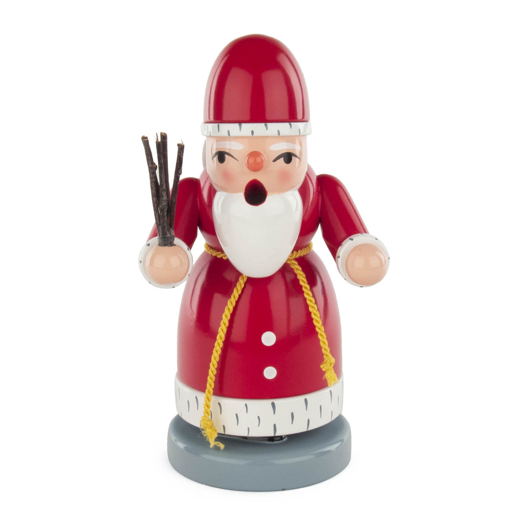 Räuchermann in Form eines Weihnachtsmanns mit rotem Mantel und Mütze, weißen Verzierungen, gelber Kordel um die Taille und einem kleinen Bündel Stöcken in der Hand. im Dregeno Online Shop günstig kaufen
