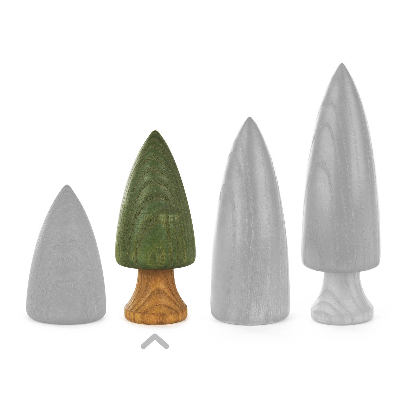 A small green tree figurine with a wooden trunk, standing at 9 cm. It is surrounded by three larger, unpainted wooden tree figures.