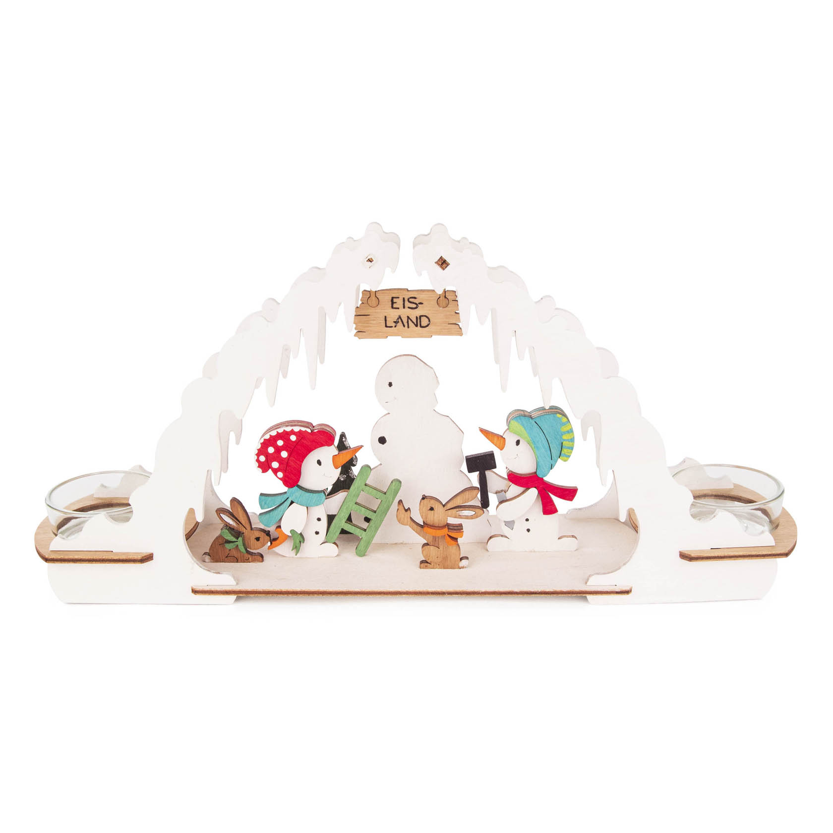 Ein winterlicher Teelichtbogen mit Schneemann, zwei Tieren mit Farbrollen, ein Schneemann mit Schaufel, alle umarmen einen großen Schneemann. Schild: 'Eisland'. im Dregeno Online Shop günstig kaufen