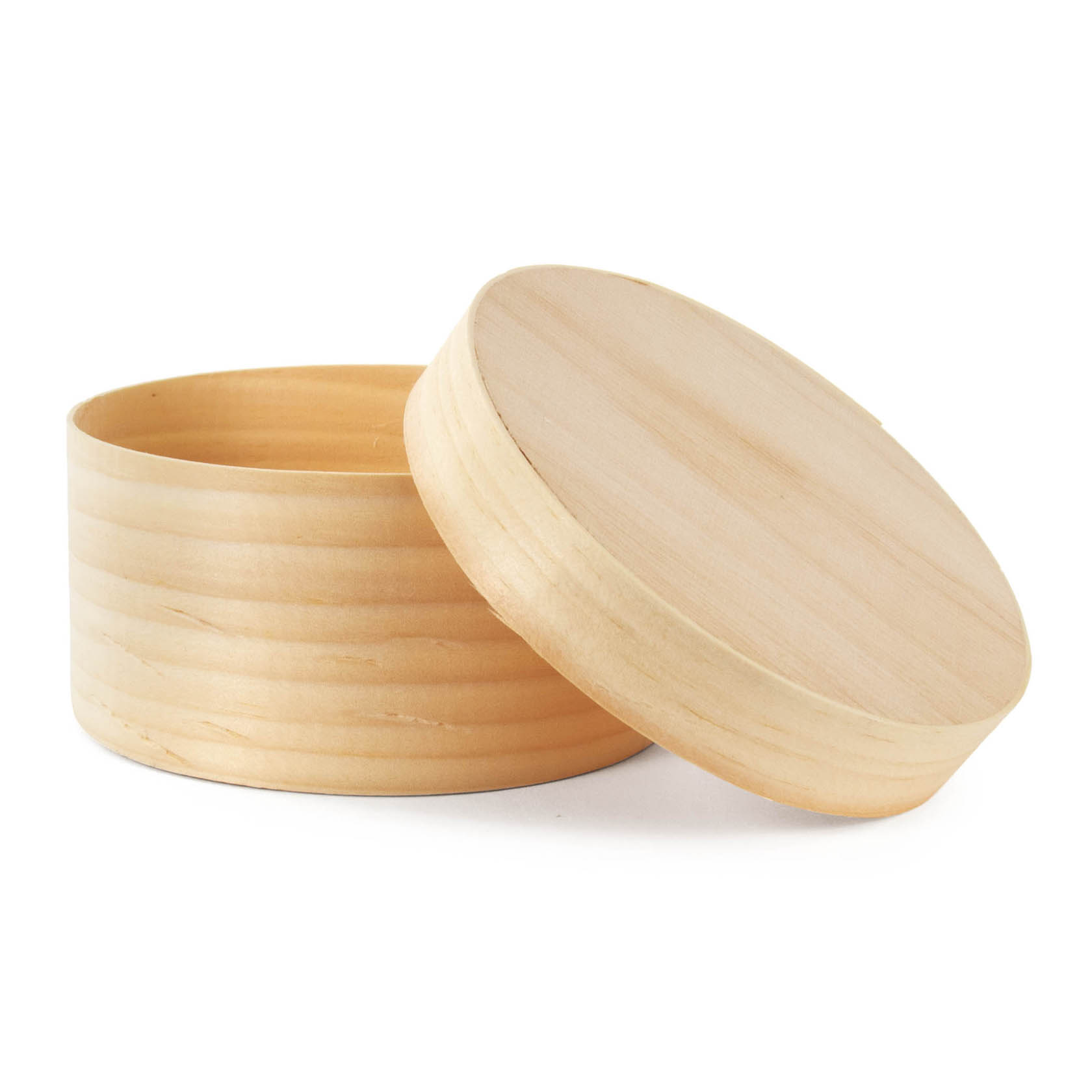 Round wooden box with lid, dimensions 105x50mm, lid is slightly open.