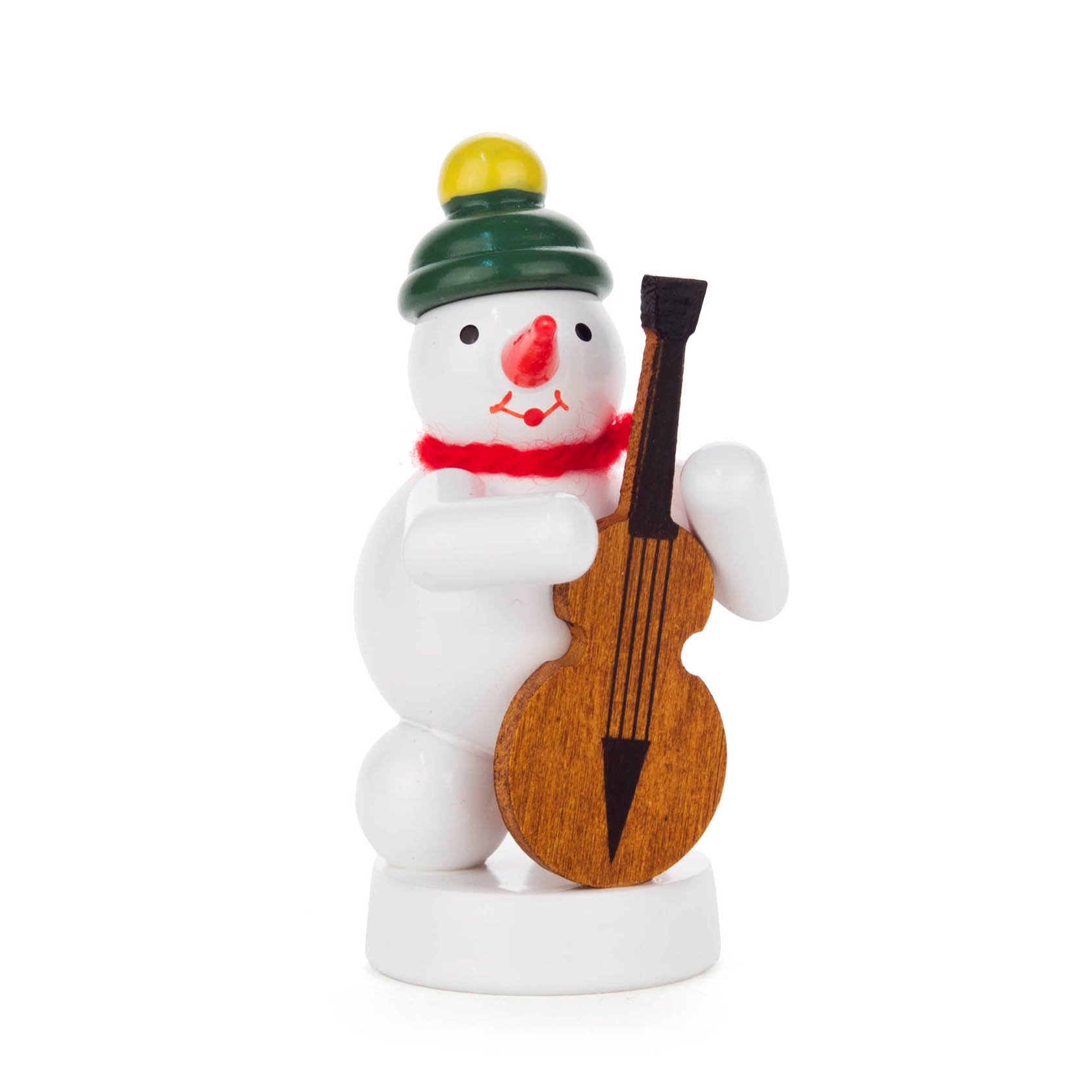 A small, smiling snowman with a red scarf and green hat, holding a wooden double bass. im Dregeno Online Shop günstig kaufen