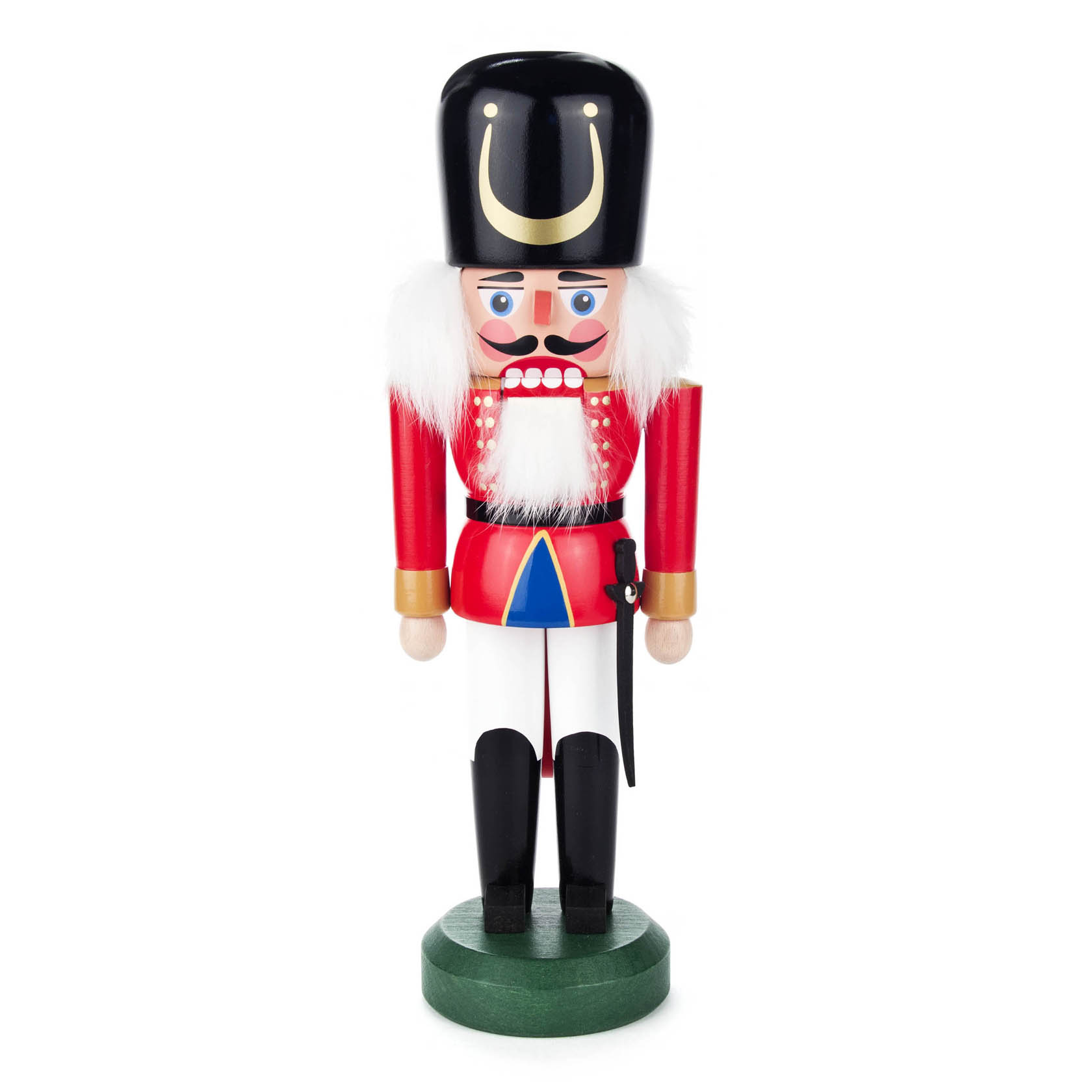 Ein traditioneller Nussknacker in Form eines rot-weiß gekleideten Wachsoldaten mit schwarzem Hut und Stiefeln, 30 cm hoch. im Dregeno Online Shop günstig kaufen