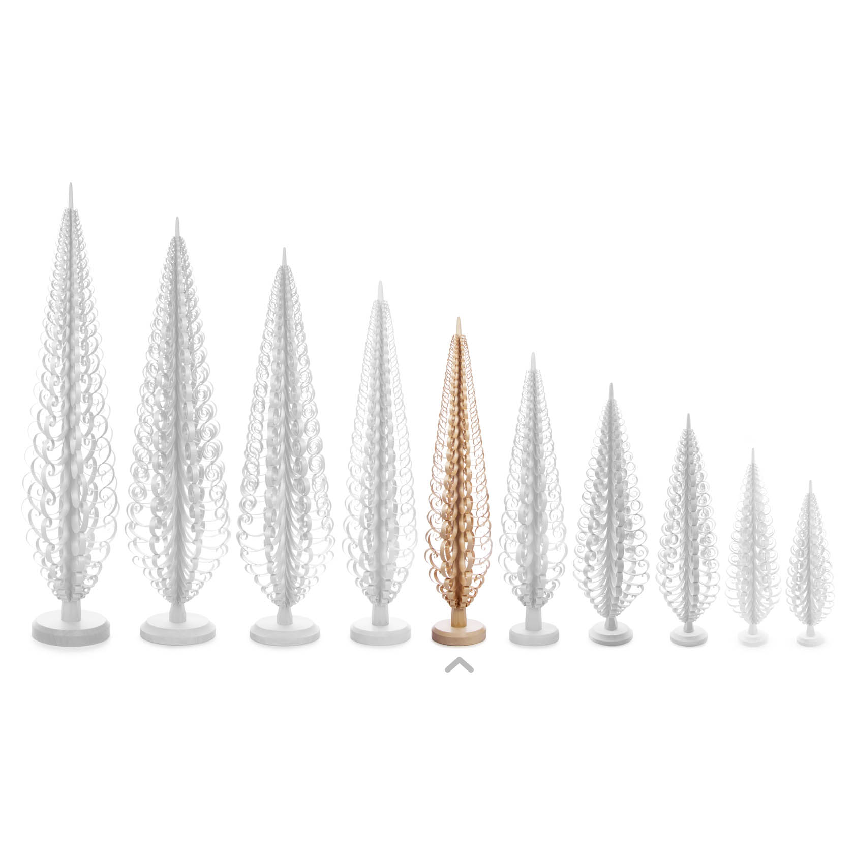 A lineup of nine spiral-shaped wooden trees of varying heights, eight in natural wood color and one in copper color. They are displayed on round bases.