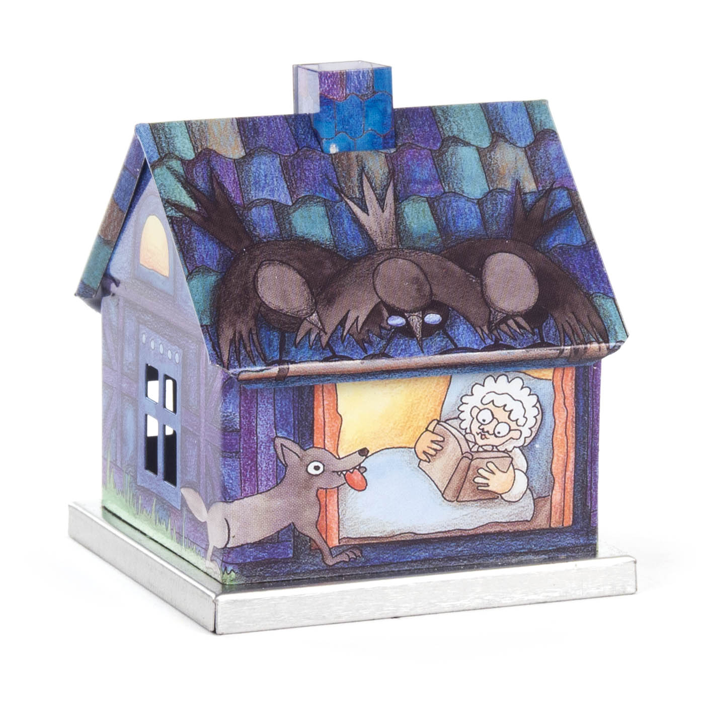 Ein bunt bemaltes Räucherhaus aus Metall im Design von Rotkäppchen. Der Wolf schleicht um das Haus, während im Fenster die Großmutter zu sehen ist.