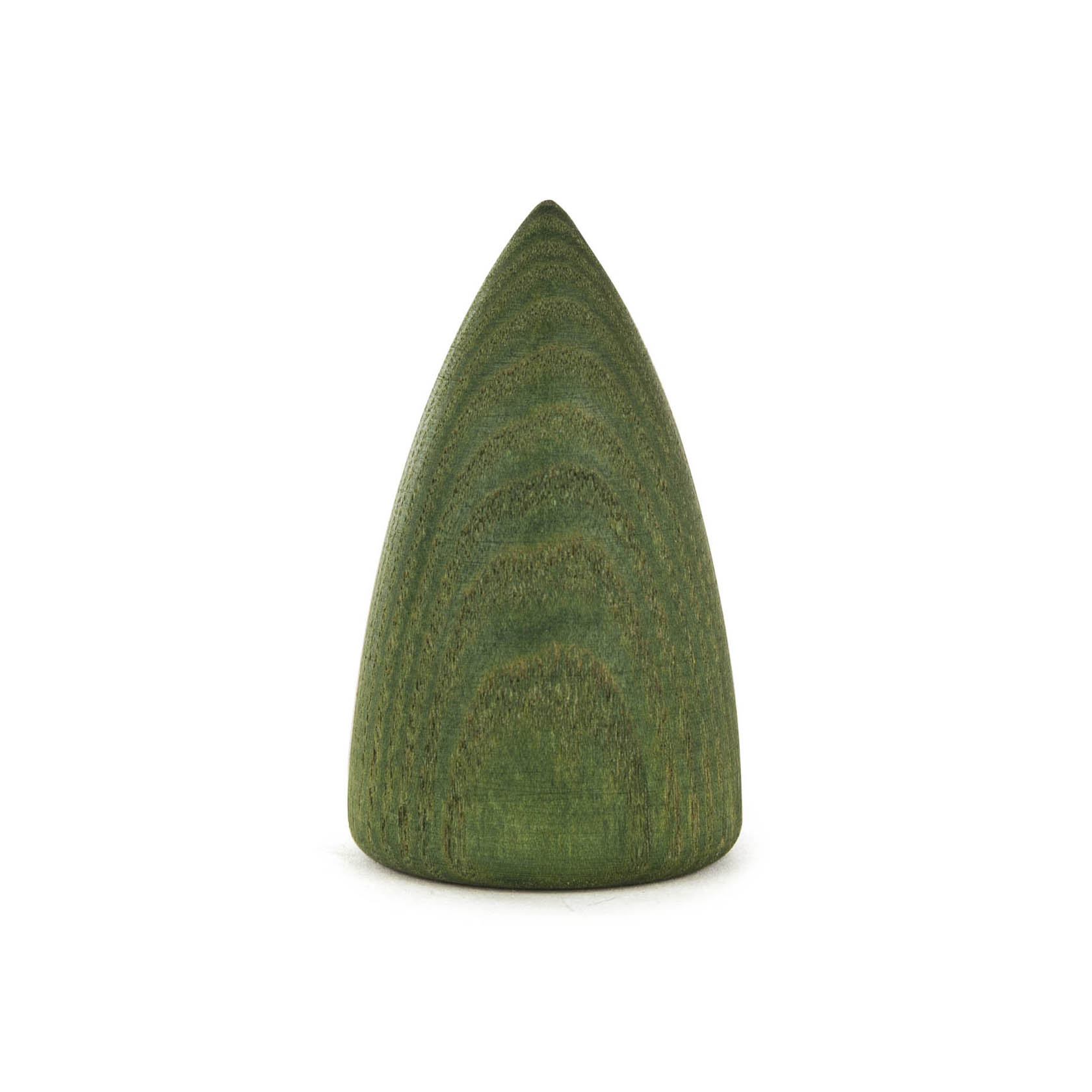 A small, 6.5cm tall, green wooden tree with a smooth surface and a rounded peak.