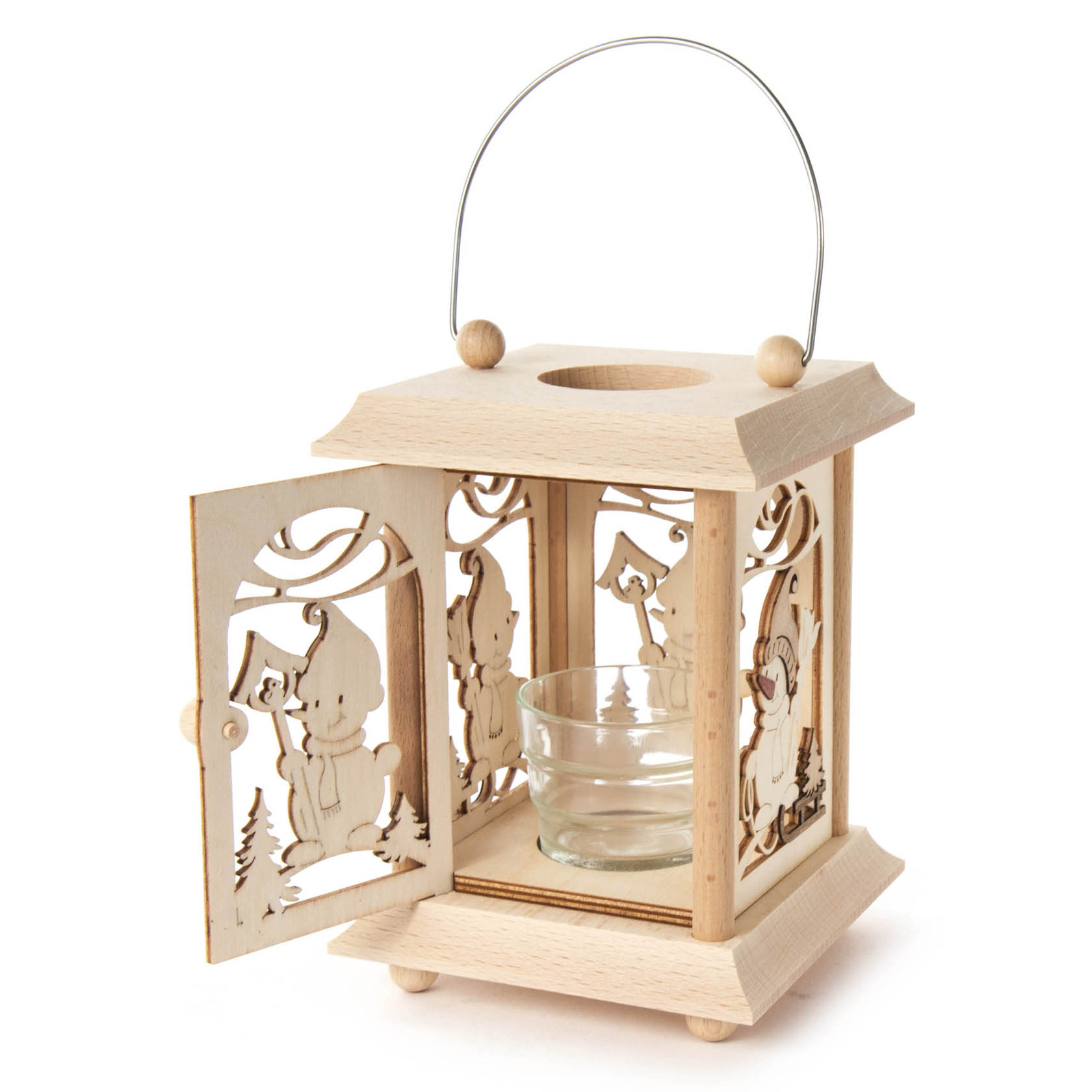 Wooden table lantern with cut-out snowman design and glass insert for a tealight or votive candle. The lantern features a hinged door and a metal handle.