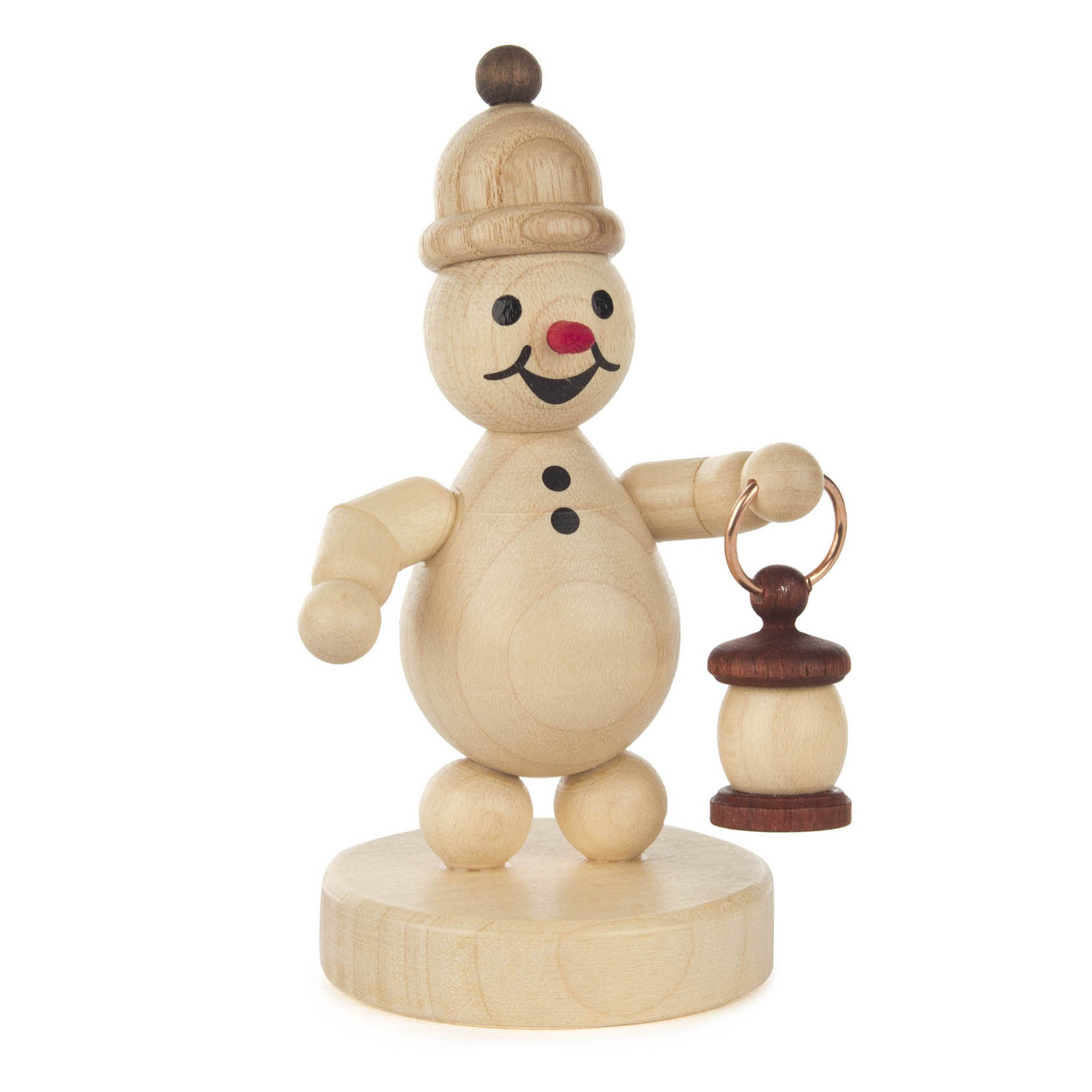 A small wooden snowman figurine with a smiling face, wearing a hat, holding a small lantern in one hand on a round base. im Dregeno Online Shop günstig kaufen