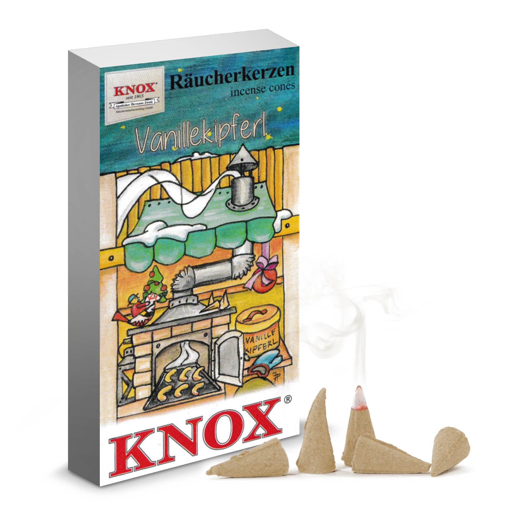 Box of KNOX incense cones with a rustic bakery illustration, showing several vanilla kipferl scent cones, one emitting smoke. im Dregeno Online Shop günstig kaufen