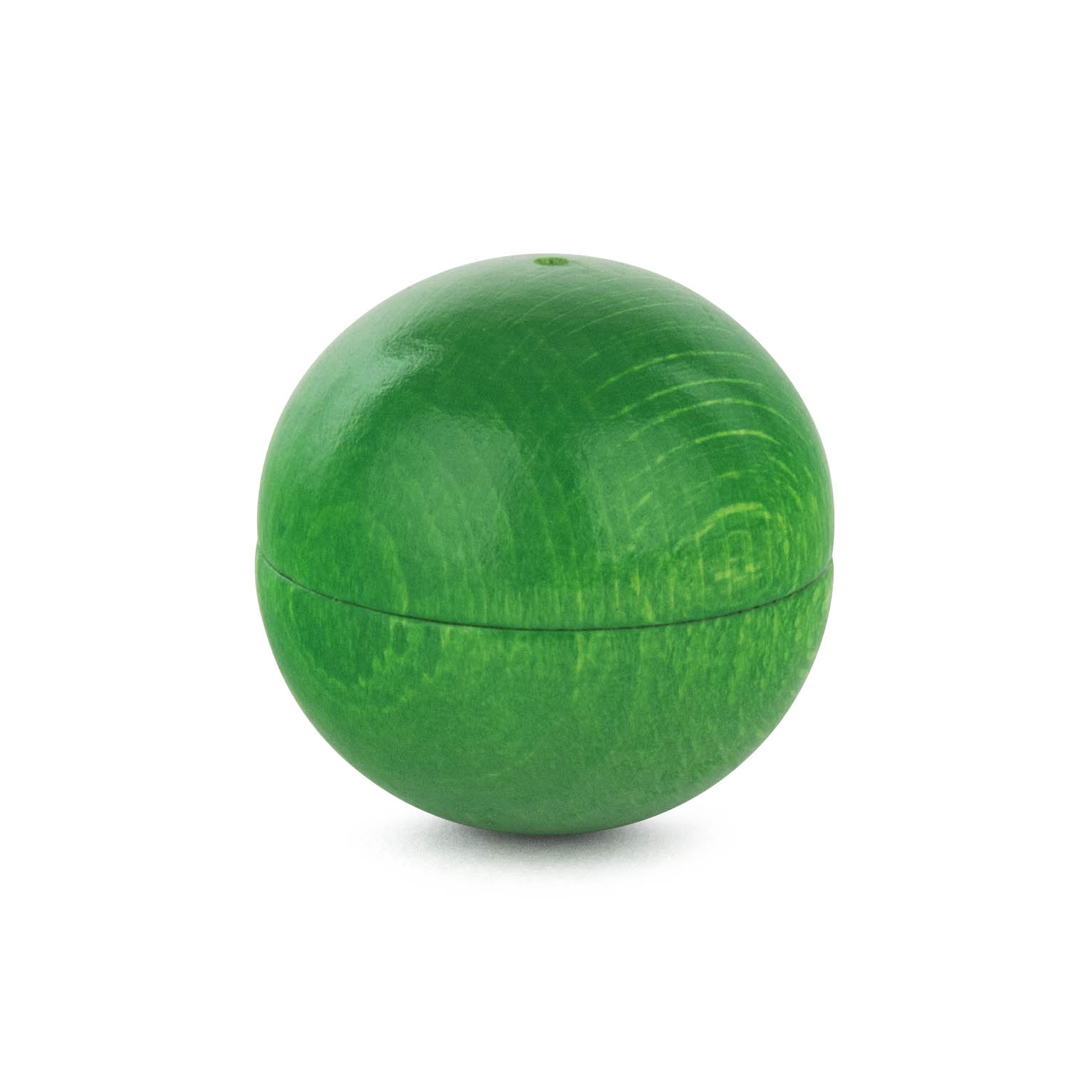A shiny, bright green wooden ball with a smooth surface, slightly reflective, shown against a white background.