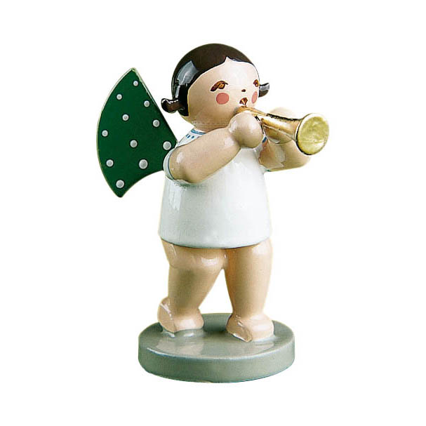 Figurine of an angel playing a flute with green wings and white polka dots, standing on a small round base. im Dregeno Online Shop günstig kaufen