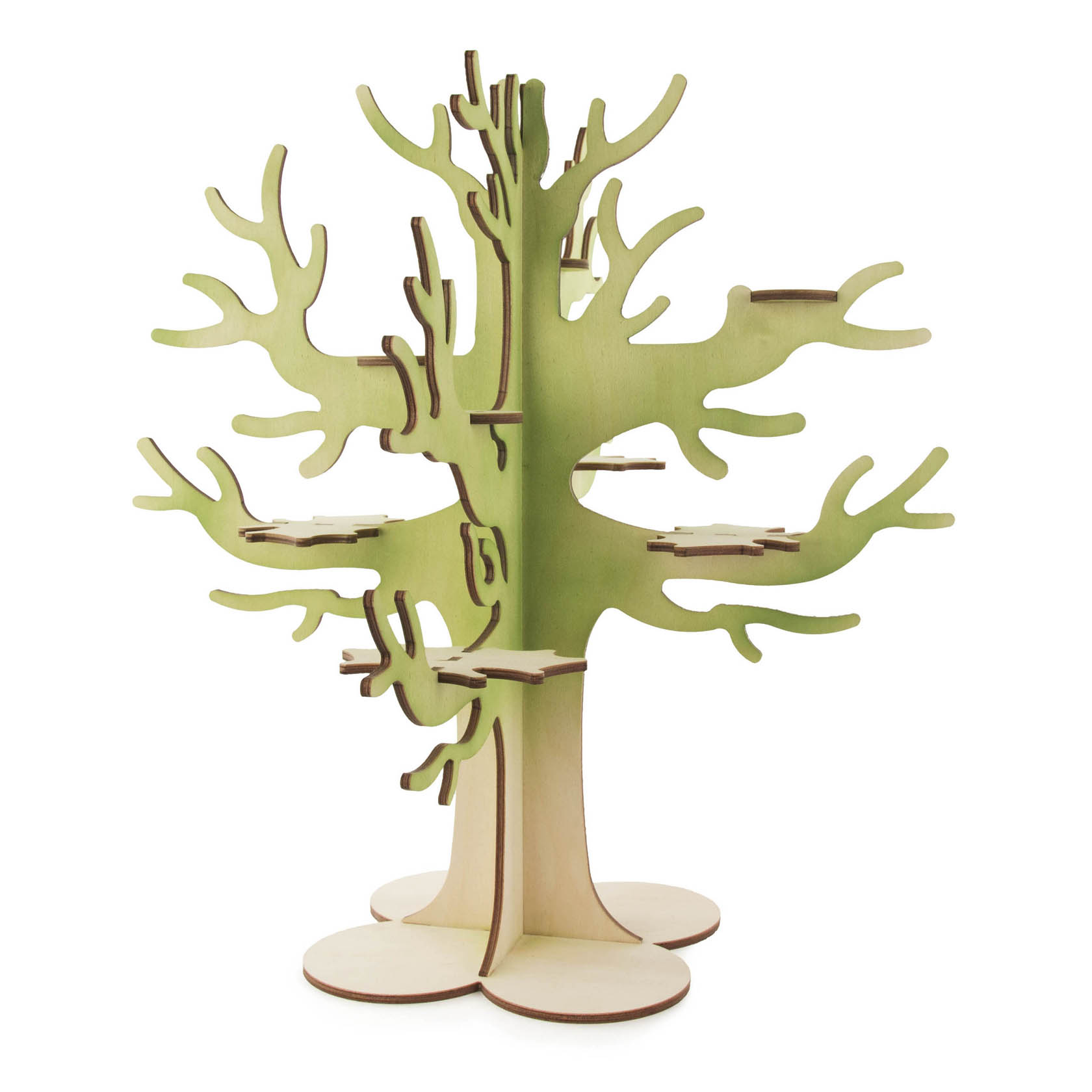 A wooden model of a stylized tree with branches and platforms designed for displaying miniature owls. The tree is painted in shades of green.