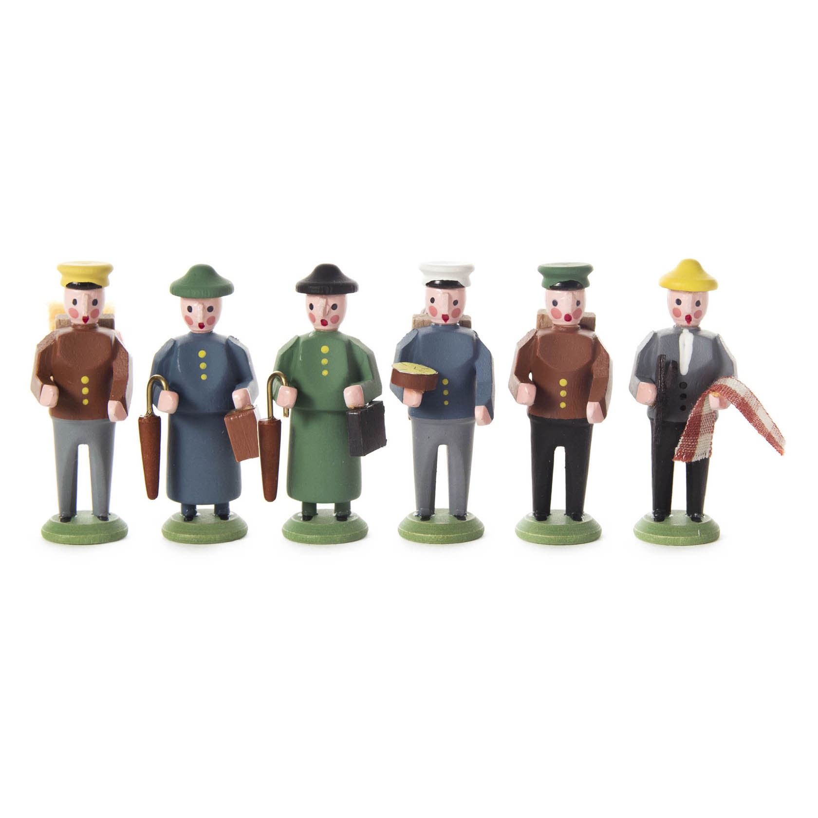 Sechs kleine Holzfiguren von Handwerkern und Fachleuten, jede mit spezifischer Kleidung und Werkzeugen, wie eine Mütze, Aktentasche oder einen Besen. im Dregeno Online Shop günstig kaufen