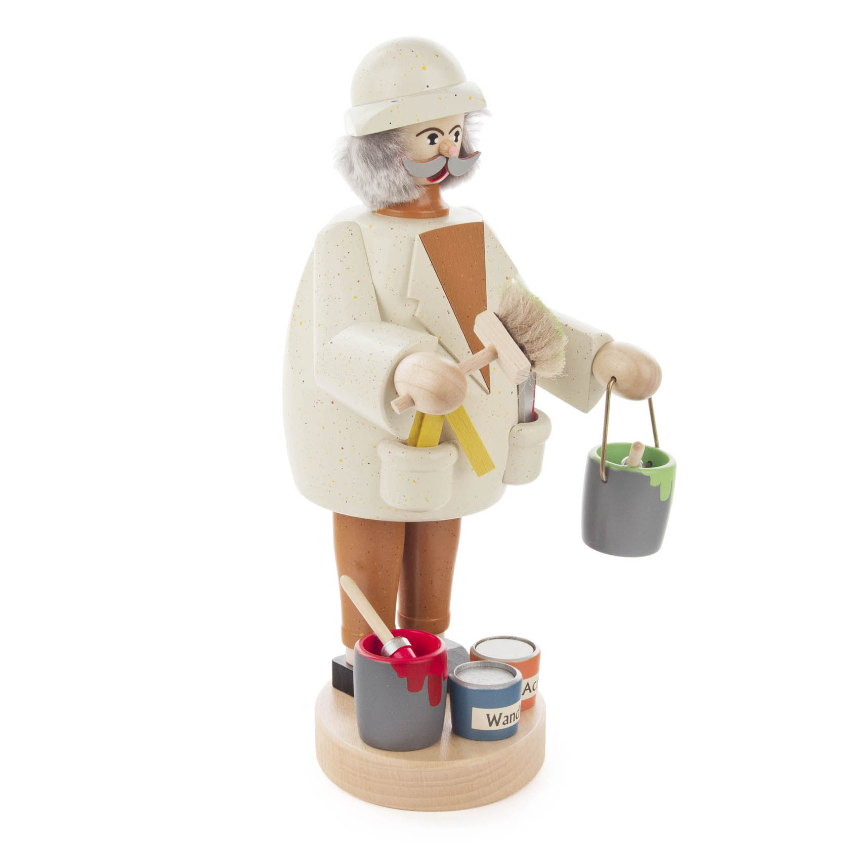 Wooden incense figure of a painter with a white speckled coat, holding a paintbrush and bucket, standing on a base with paint cans.