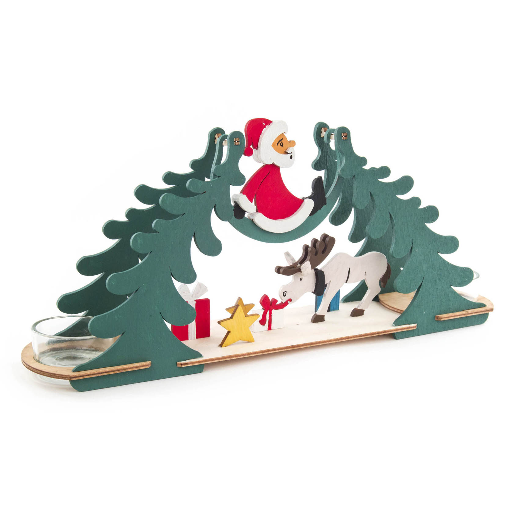 Teelichtbogen aus Holz mit Weihnachtsmann, Elch, Tannenbäumen, einem Stern und einem Geschenk. Dient als dekorative Halterung für Teelichter.