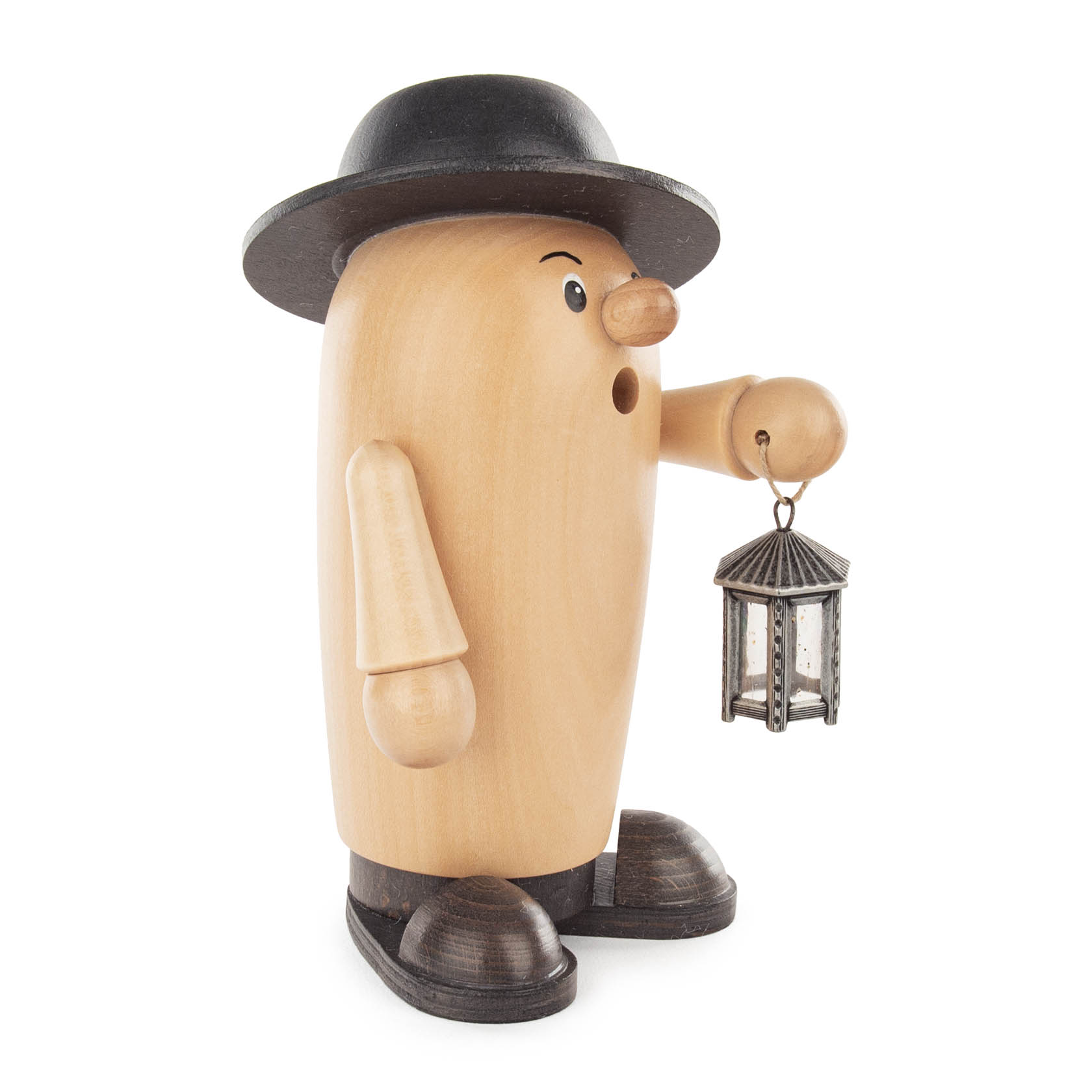Holzfigur 'Rudi der Nachtschwärmer' mit einem schwarzen Hut und einer Laterne in der Hand.