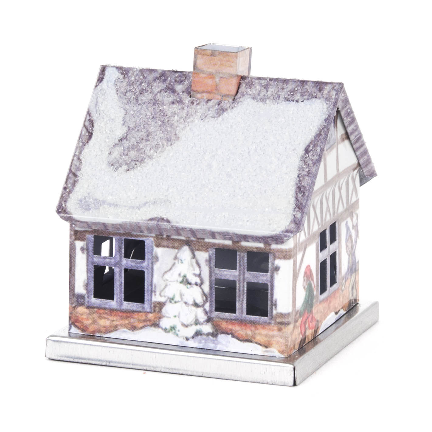 A small decorative metal incense house shaped like a winter-themed cottage with snow-covered roof and painted Christmas scenes. im Dregeno Online Shop günstig kaufen