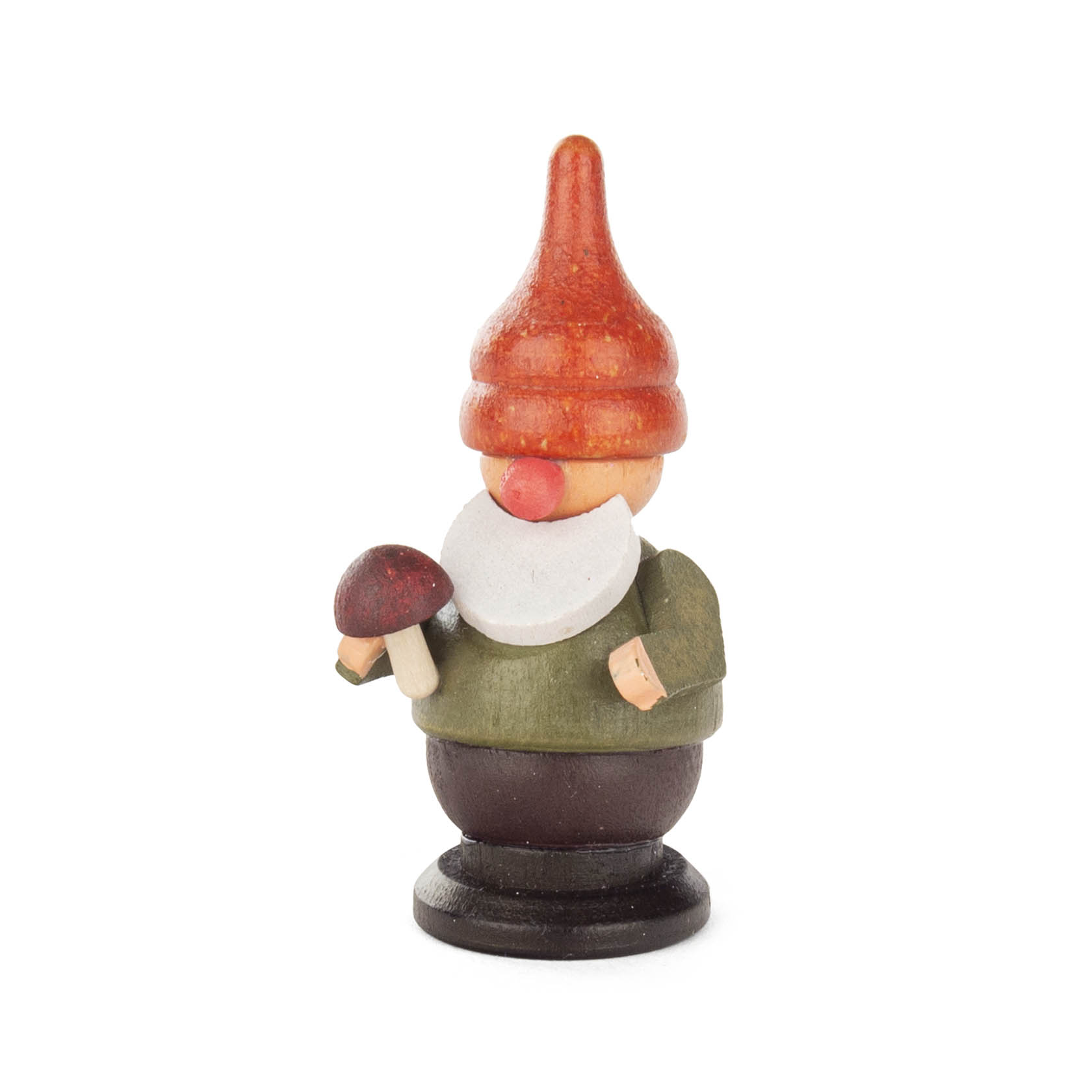A wooden gnome figure with a large white beard, holding a small red mushroom in one hand. The gnome has an orange conical hat and a green outfit. im Dregeno Online Shop günstig kaufen