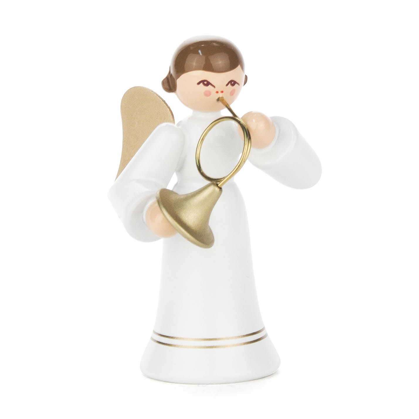 Holzengel mit braunen Haaren, goldenen Flügeln und einem langen weißen Kleid, der ein Waldhorn aus Holz in den Händen hält. im Dregeno Online Shop günstig kaufen