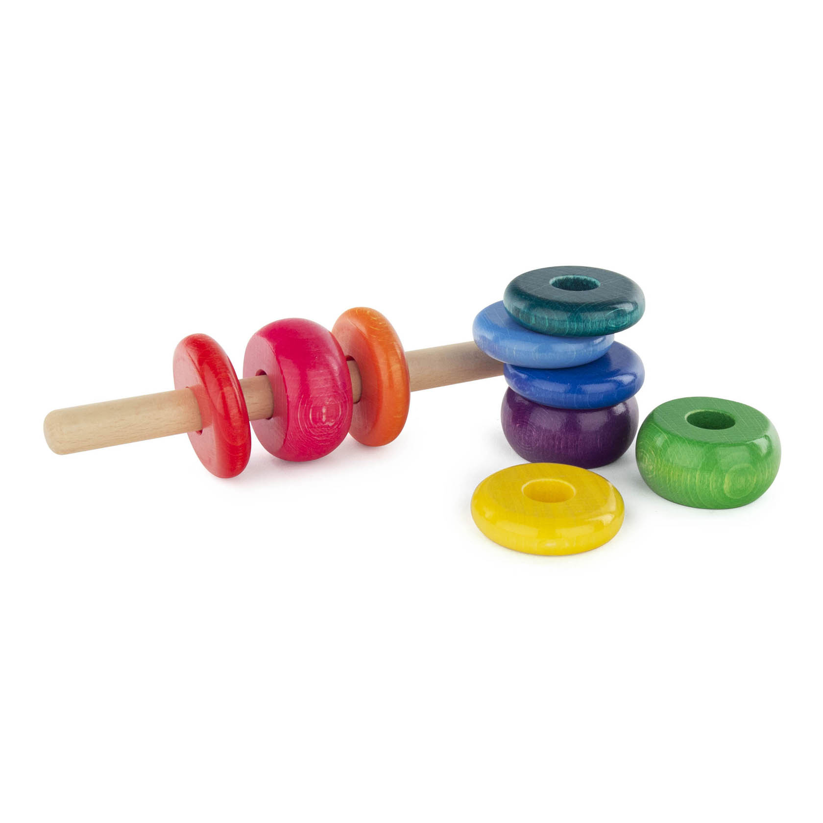 A wooden rod with colorful, stackable wooden rings, including red, orange, blue, yellow, and green, designed for children's play. im Dregeno Online Shop günstig kaufen
